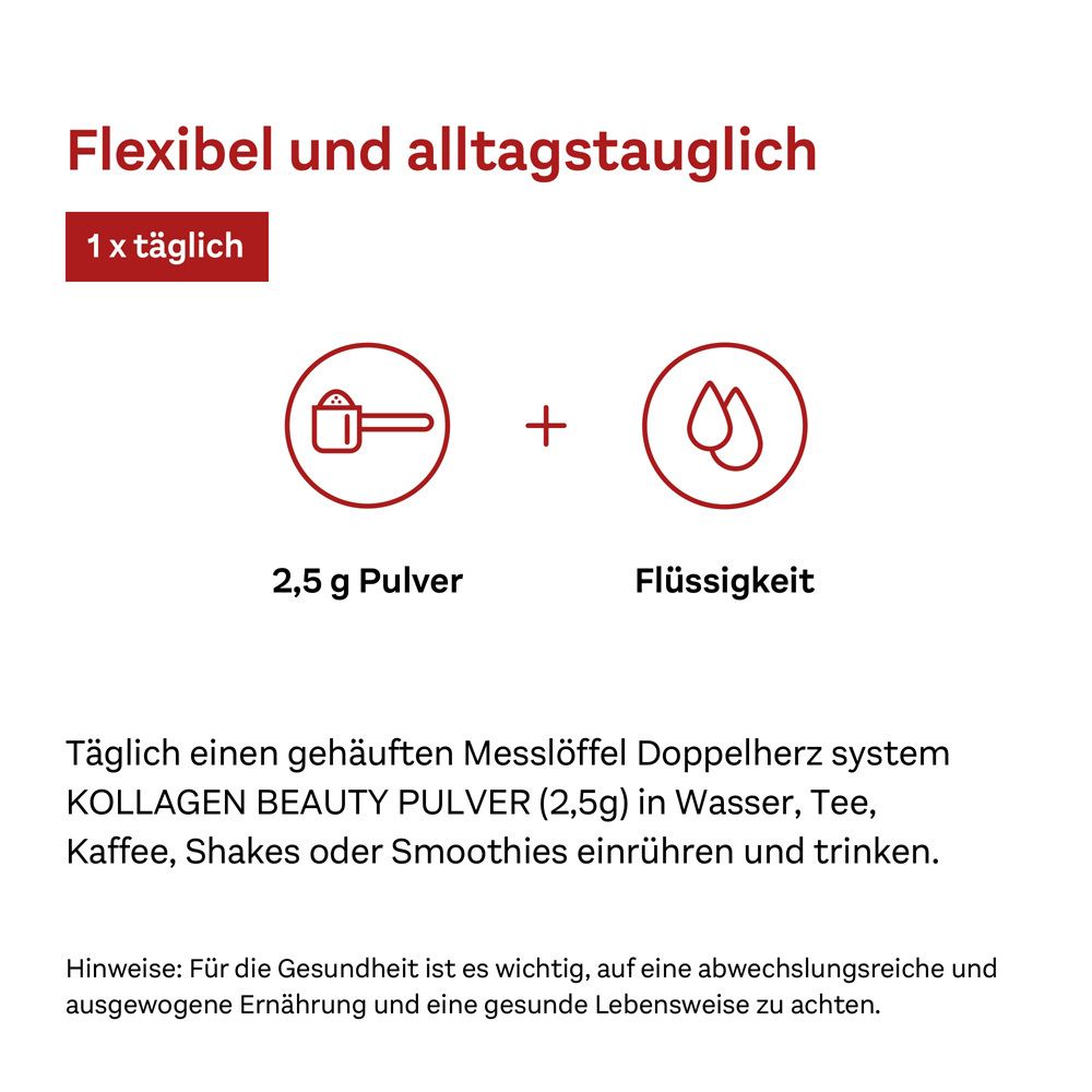Text: Flexibel und alltagstauglich. 2,5 g Pulver + Flüssigkeit. Anwendungshinweis.