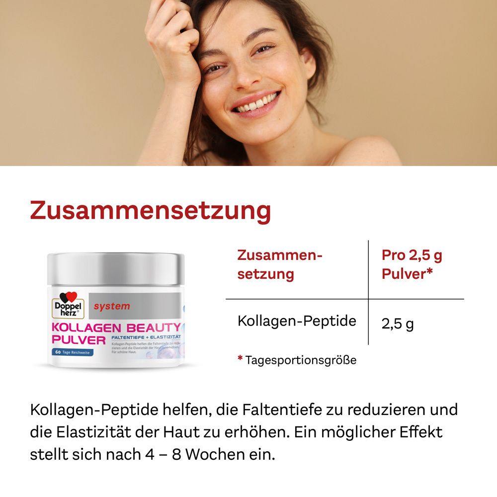 Frau lächelt. Dose Doppelherz system Kollagen Beauty Pulver. Text: Zusammensetzung, Kollagen-Peptide.
