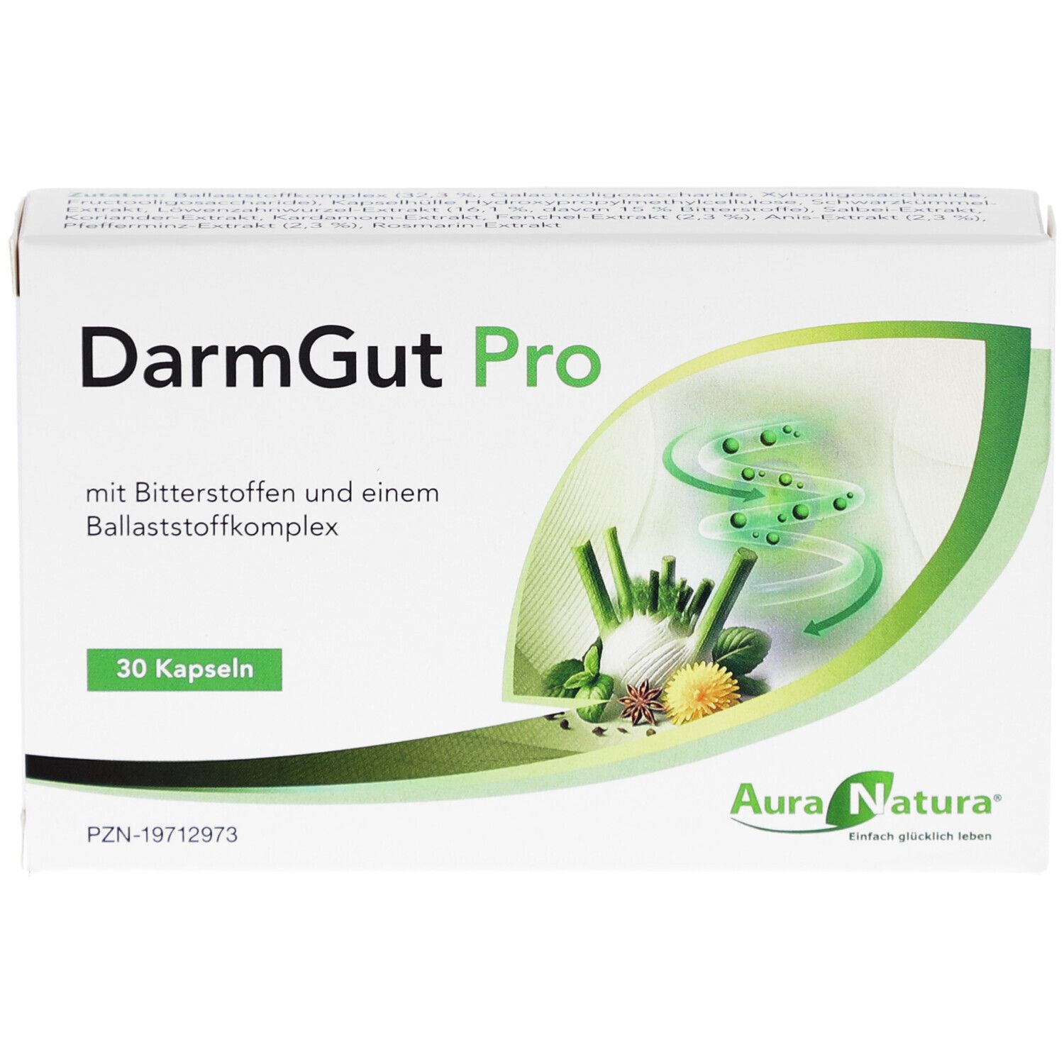 Weiße Schachtel "DarmGut Pro" mit 30 Kapseln. Logo "AuraNatura". Abbildung von Pflanzen und Darm.