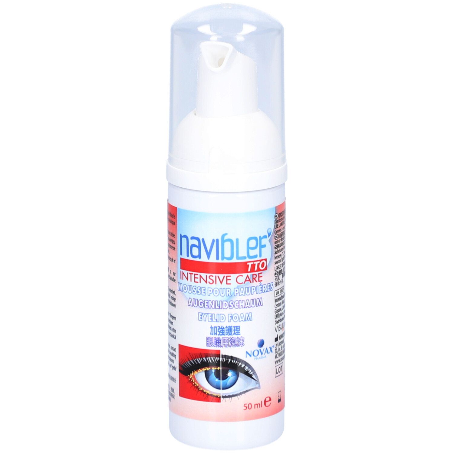 Weiße Flasche mit Pumpverschluss. Aufschrift: naviblef TTO INTENSIVE CARE. Augenlid Schaum. 50 ml.