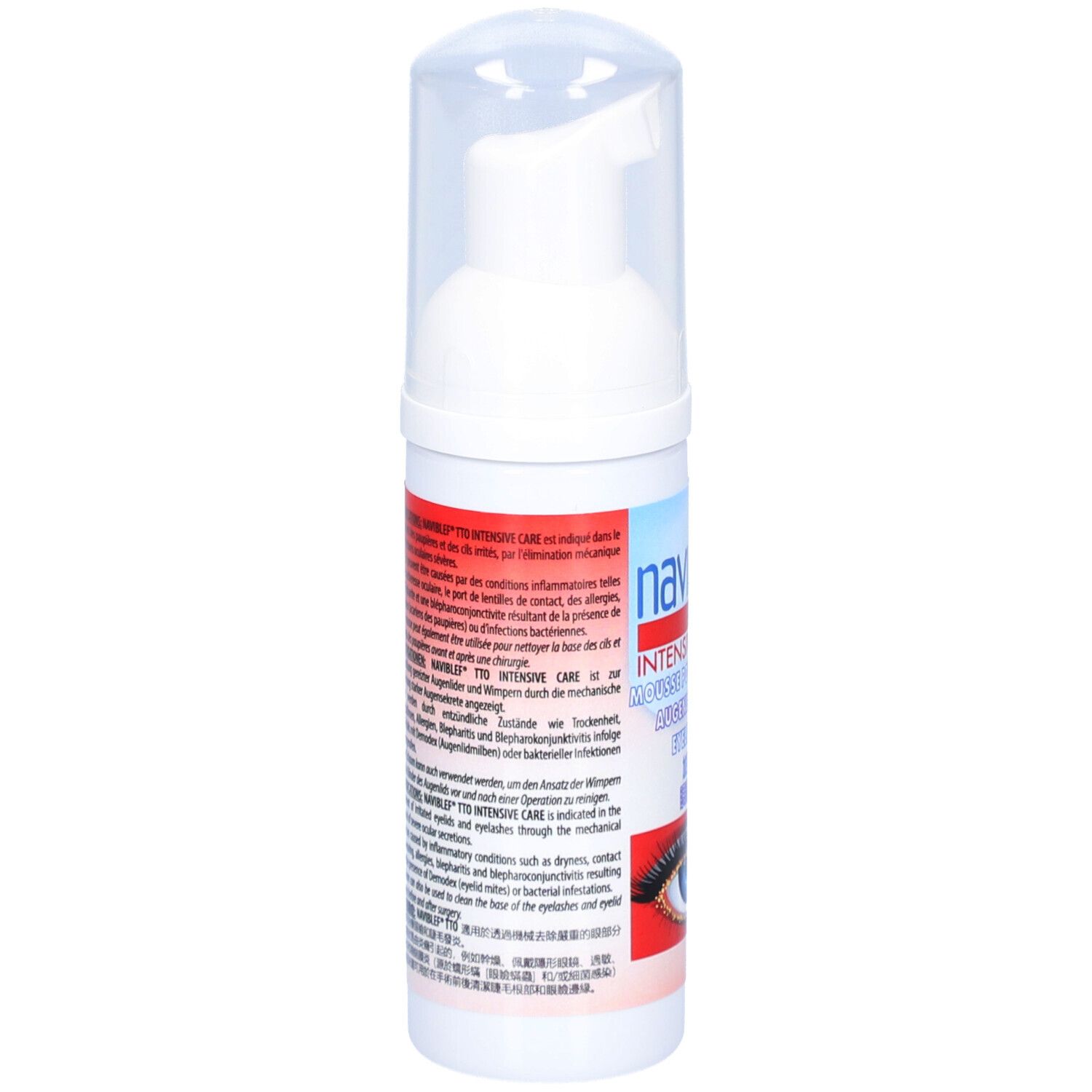 Weiße Flasche mit Pumpverschluss. Aufschrift: naviblef TTO INTENSIVE CARE. Text in mehreren Sprachen.