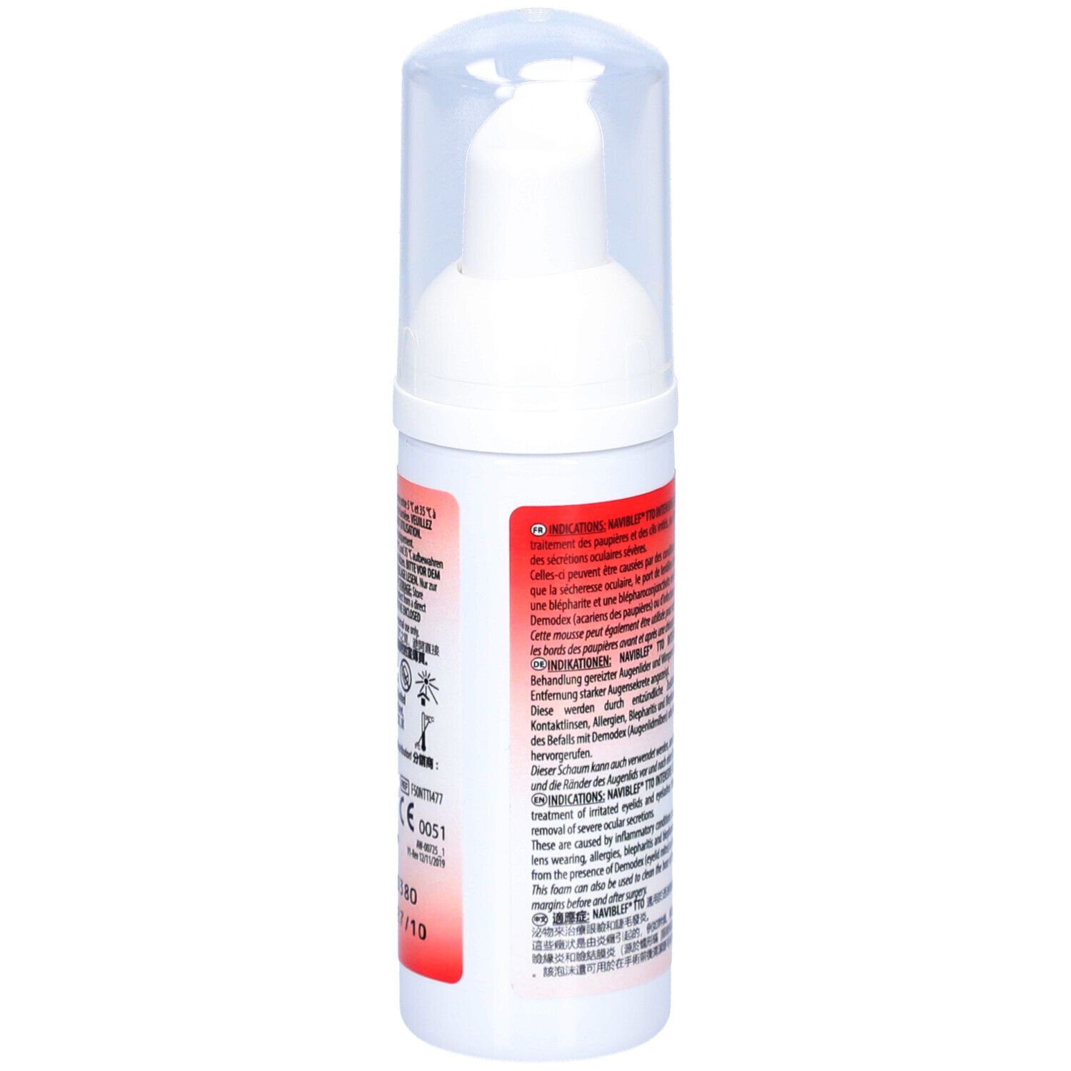 Weiße Flasche mit Pumpverschluss. Aufschrift: naviblef TTO INTENSIVE CARE. Text in mehreren Sprachen. CE-Zeichen.
