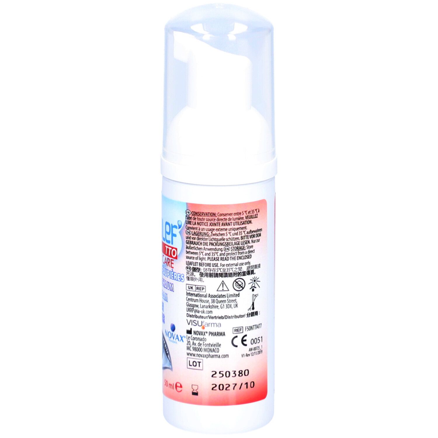 Weiße Flasche mit Pumpverschluss. Aufschrift: naviblef TTO INTENSIVE CARE. Text in mehreren Sprachen. Chargennummer.