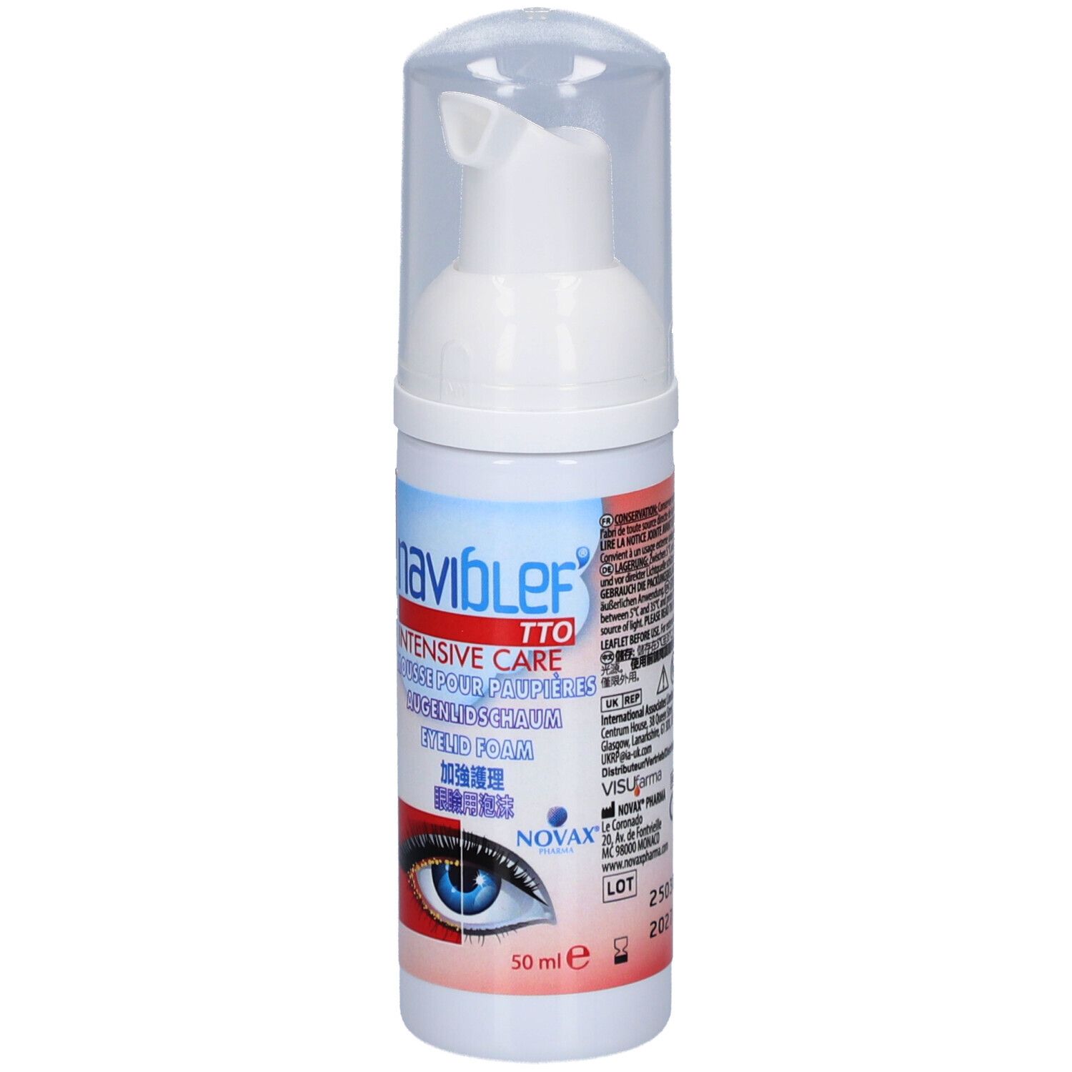 Weiße Flasche mit Pumpverschluss. Aufschrift: naviblef TTO INTENSIVE CARE. Augenlid Schaum. 50 ml. Logo.