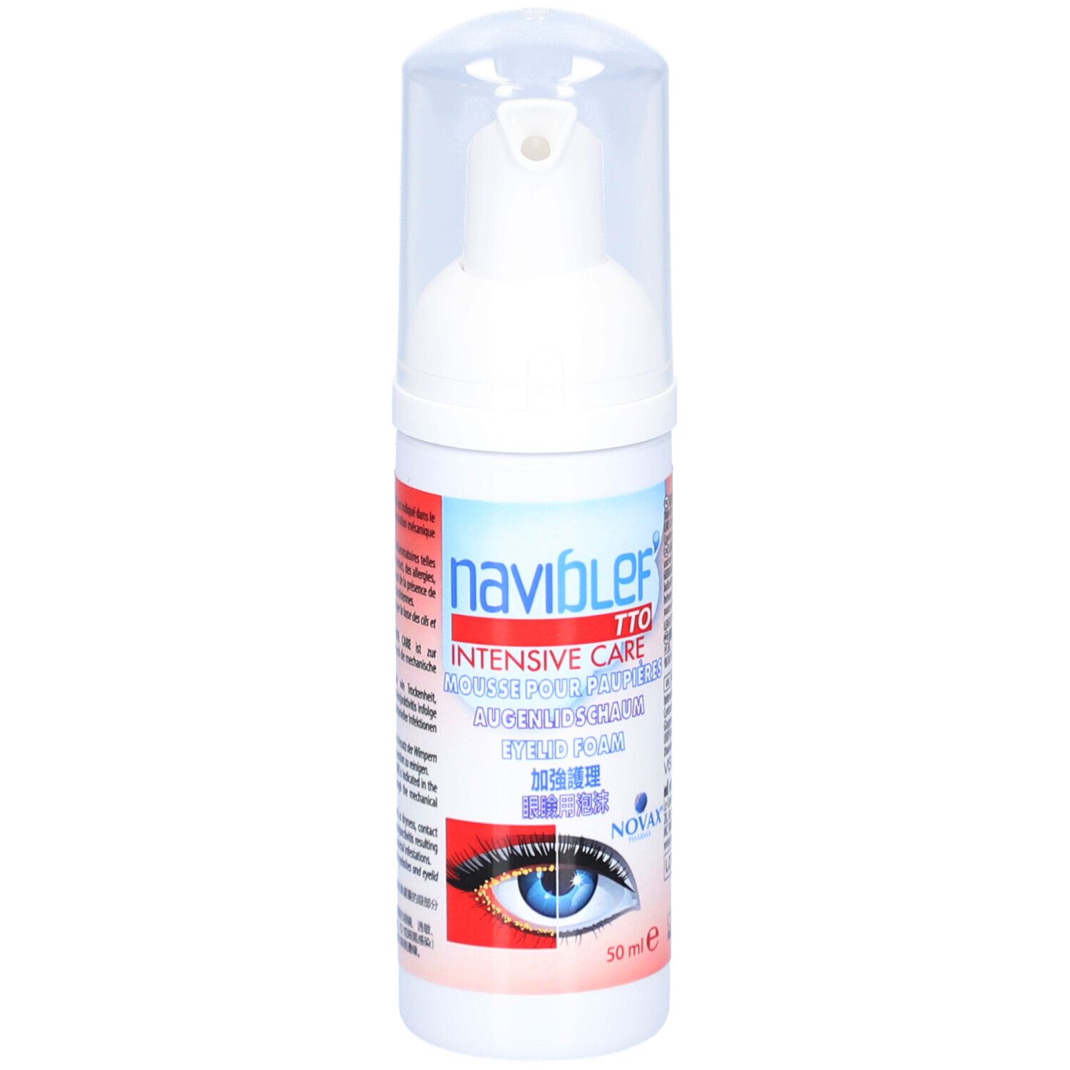 Weiße Flasche mit Pumpverschluss. Aufschrift: naviblef TTO INTENSIVE CARE. Augenlid Schaum. 50 ml.