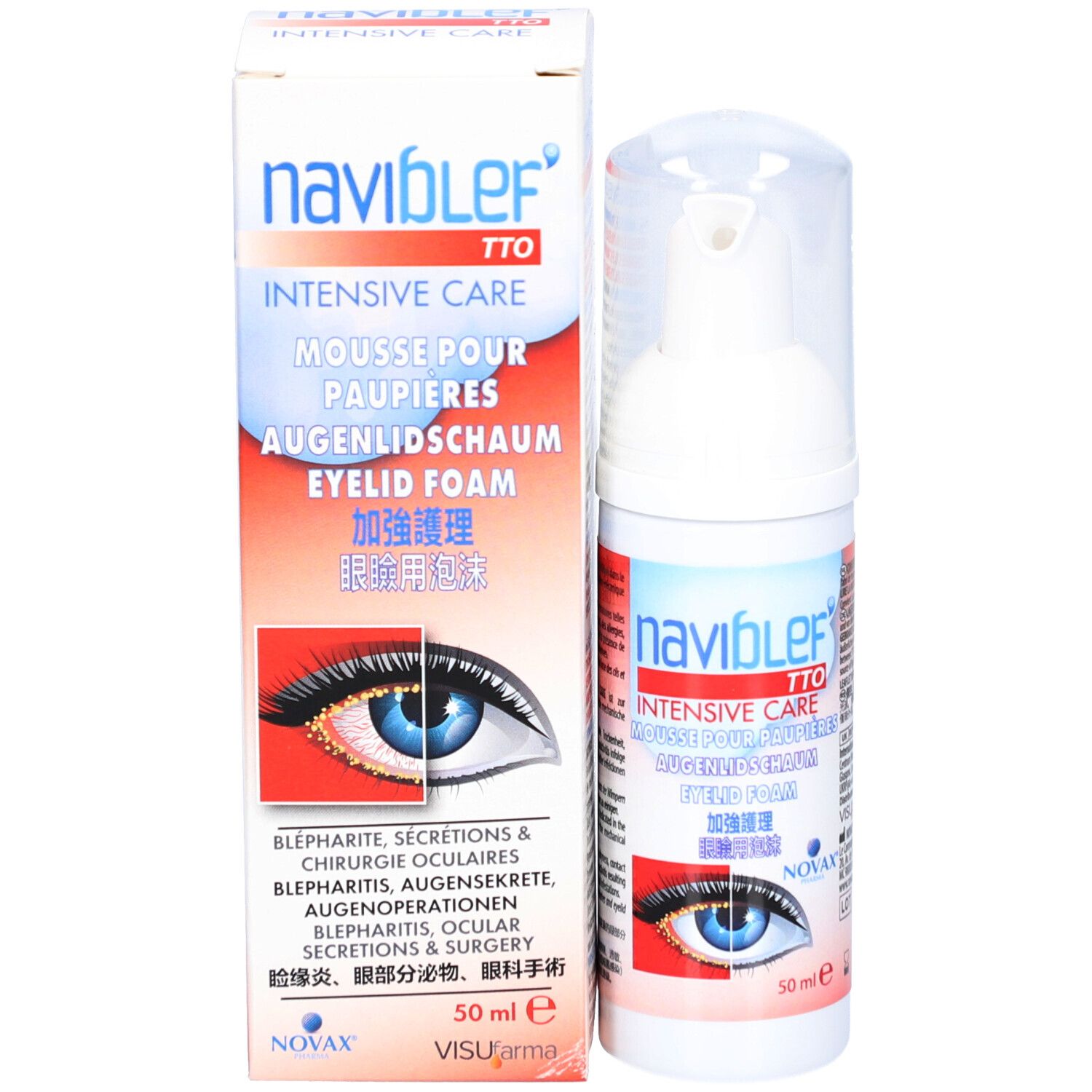 Produkt und Verpackung. Aufschrift: naviblef TTO INTENSIVE CARE. Augenlid Schaum. 50 ml. Box mit Text.