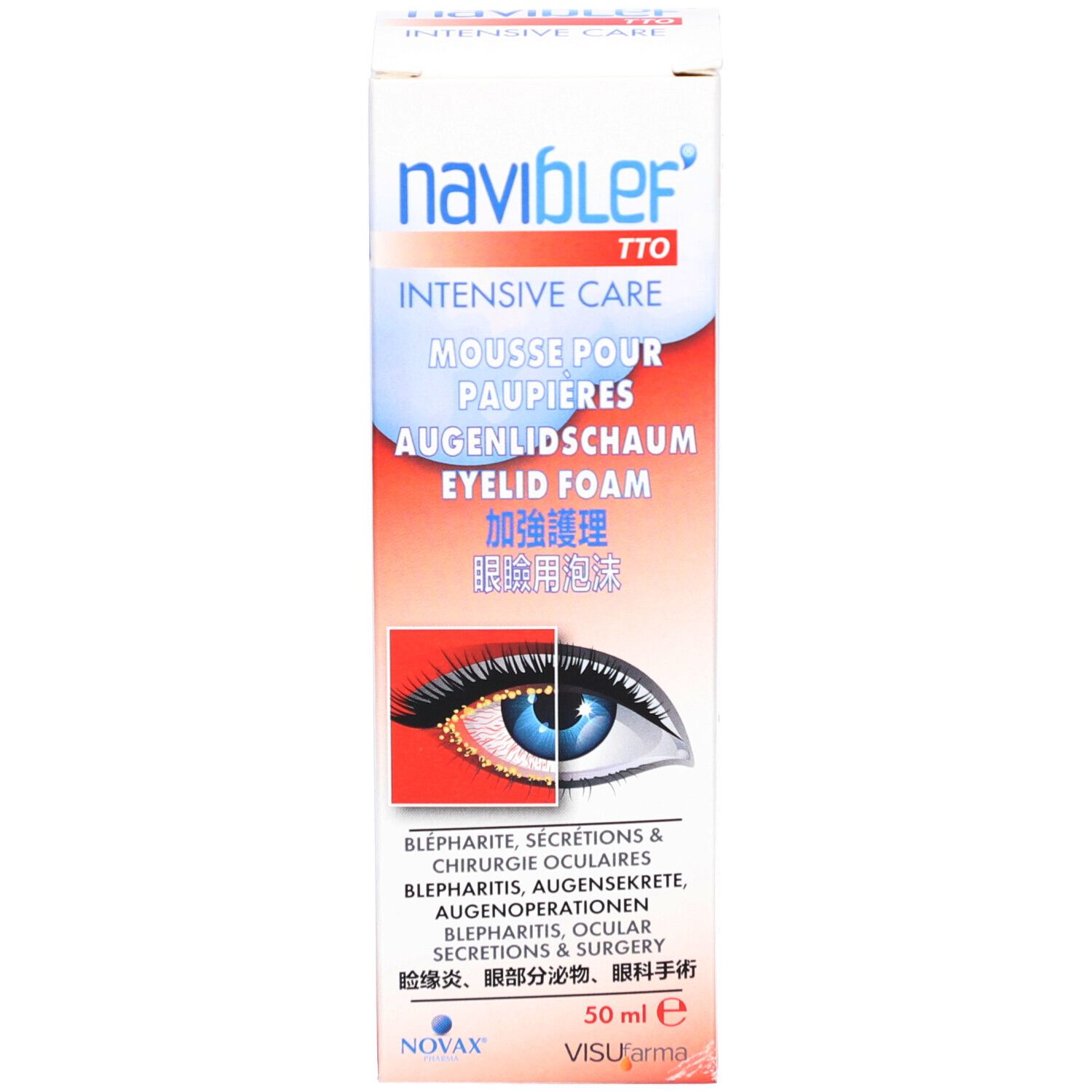 Produkt und Verpackung. Aufschrift: naviblef TTO INTENSIVE CARE. Augenlid Schaum. 50 ml. Box mit Text.