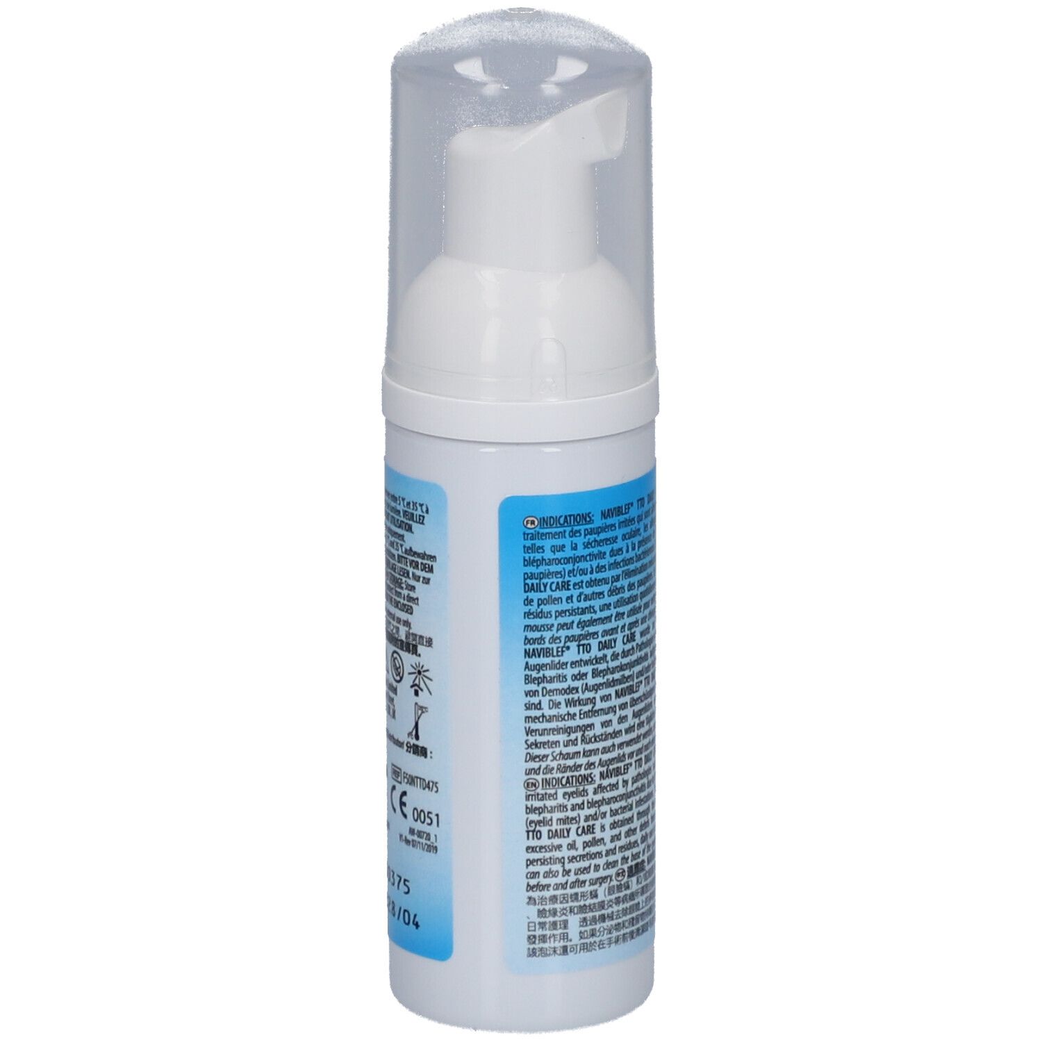 Weiße Flasche mit Pumpverschluss. Aufschrift: naviblef TTO DAILY CARE. Rückseite mit Text und Symbolen. CE-Kennzeichnung.
