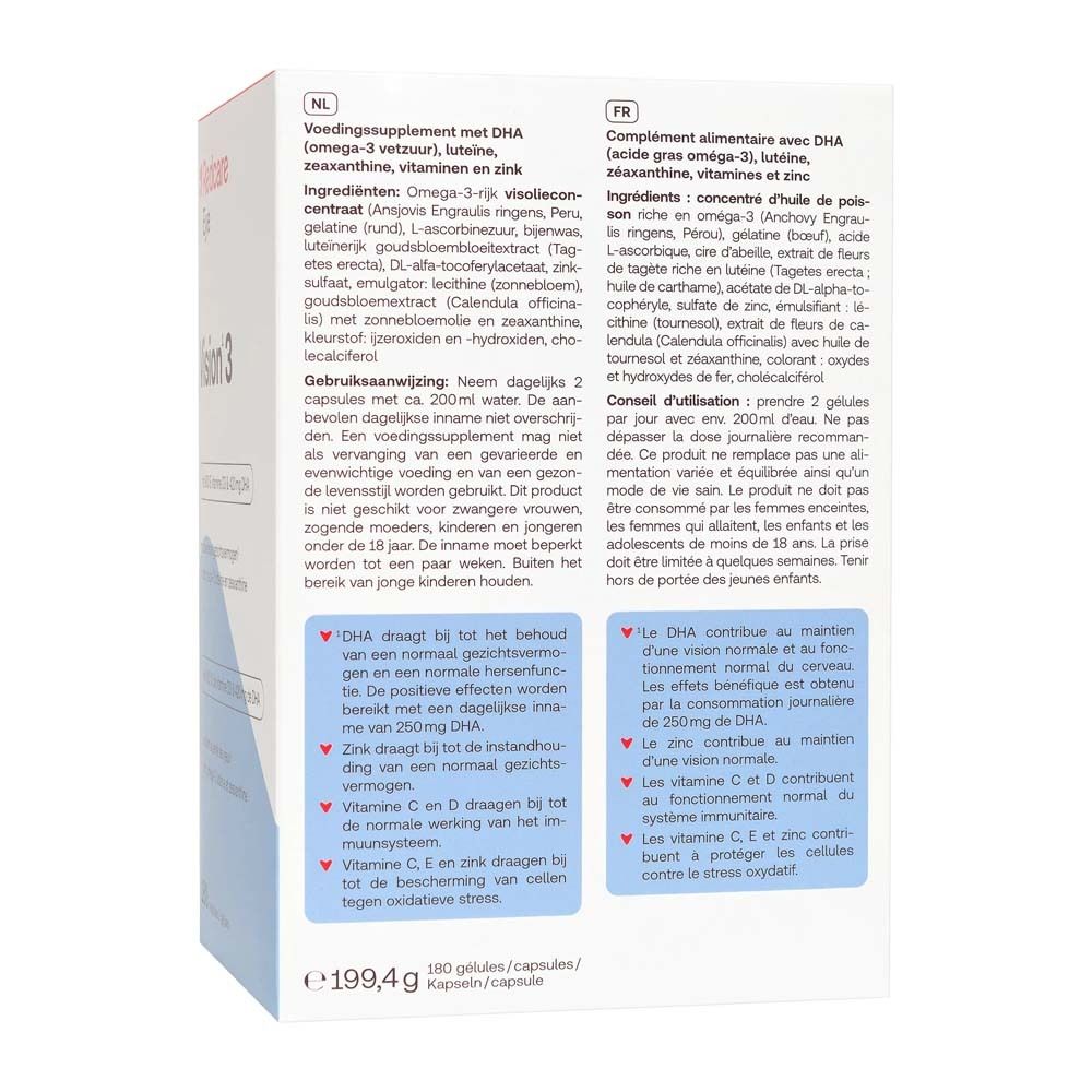 Rückseite der Schachtel Redcare Eye Vision 3. Text in Deutsch, Inhaltsstoffe, Anwendungshinweise und Nährwerttabelle.