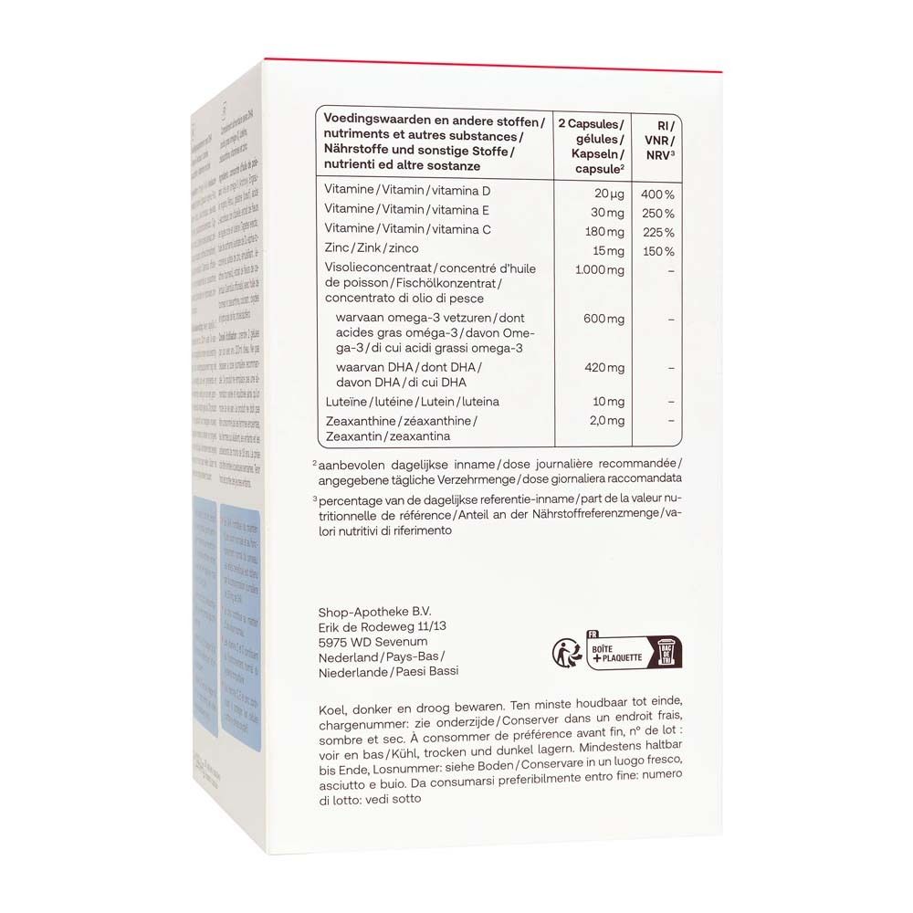 Detail der Rückseite der Schachtel Redcare Eye Vision 3. Nährwerttabelle und Lagerungshinweise.