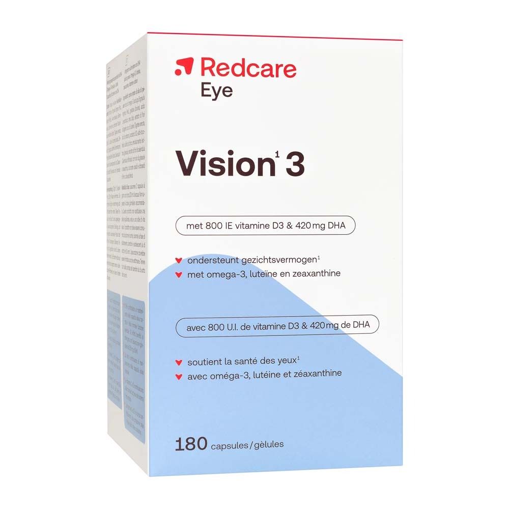 Schachtel Redcare Eye Vision 3. Enthält 180 Kapseln. Aufschrift: Vision 3, mit Vitamin D3 & DHA.