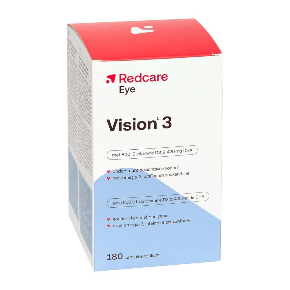 Schachtel Redcare Eye Vision 3. Enthält 180 Kapseln. Aufschrift: Vision 3, mit Vitamin D3 & DHA.