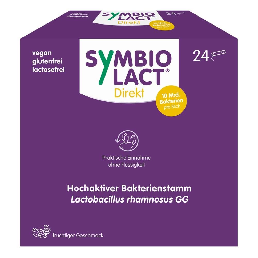 Lila Schachtel mit SymbioLact Direkt. 24 Sticks, 10 Mrd. Bakterien pro Stick. Vegan, glutenfrei, laktosefrei.