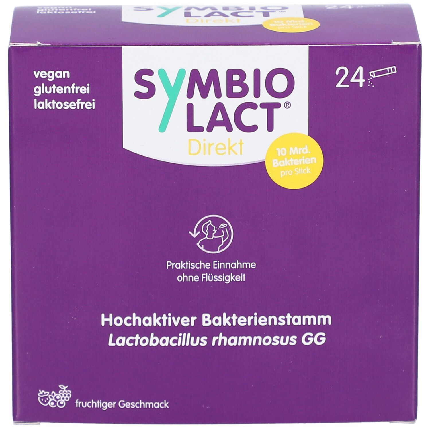 Lila Schachtel "SYMBIOLACT Direkt" mit 24 Sticks. Aufschrift: vegan, glutenfrei, laktosefrei. Gelbes Logo mit 10 Mrd. Bakterien pro Stick.