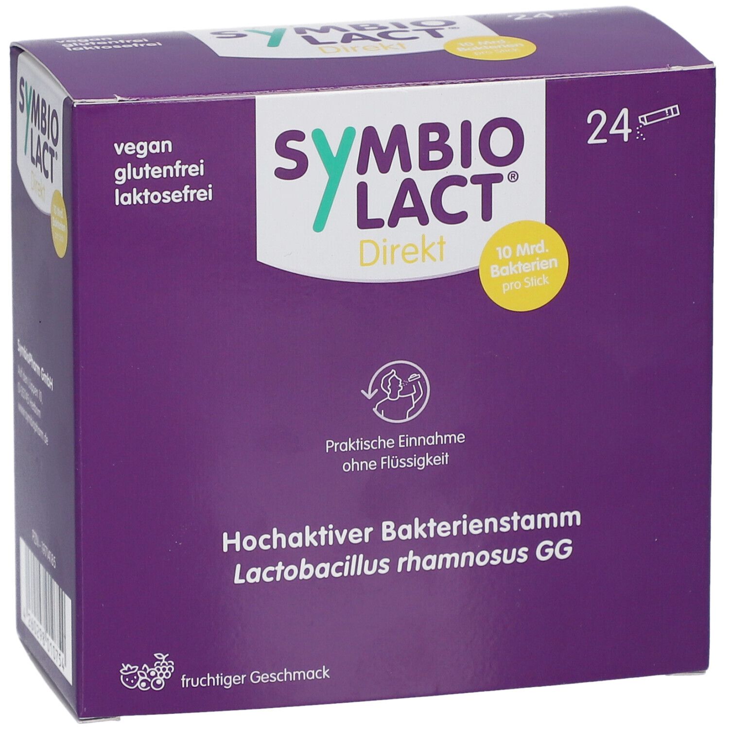 Lila Schachtel "SYMBIOLACT Direkt" mit 24 Sticks. Aufschrift: vegan, glutenfrei, laktosefrei. Gelbes Logo mit 10 Mrd. Bakterien pro Stick.