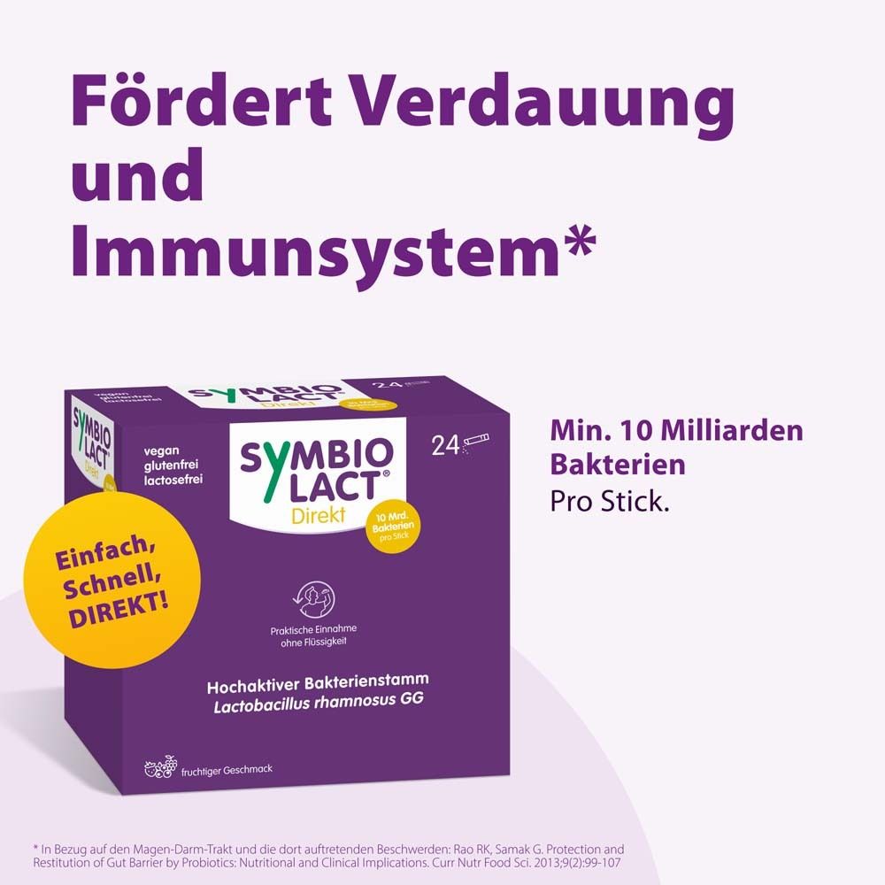 Lila Schachtel SymbioLact Direkt. Text: Fördert Verdauung und Immunsystem. 24 Sticks, 10 Mrd. Bakterien pro Stick.