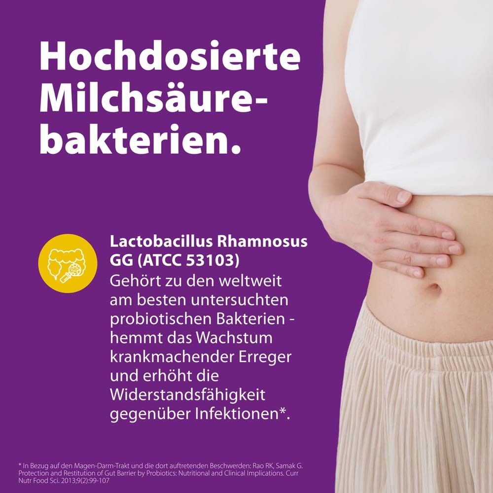 Text: Hochdosierte Milchsäurebakterien. Lactobacillus Rhamnosus GG. Frau hält Bauch. Gelber Kreis.