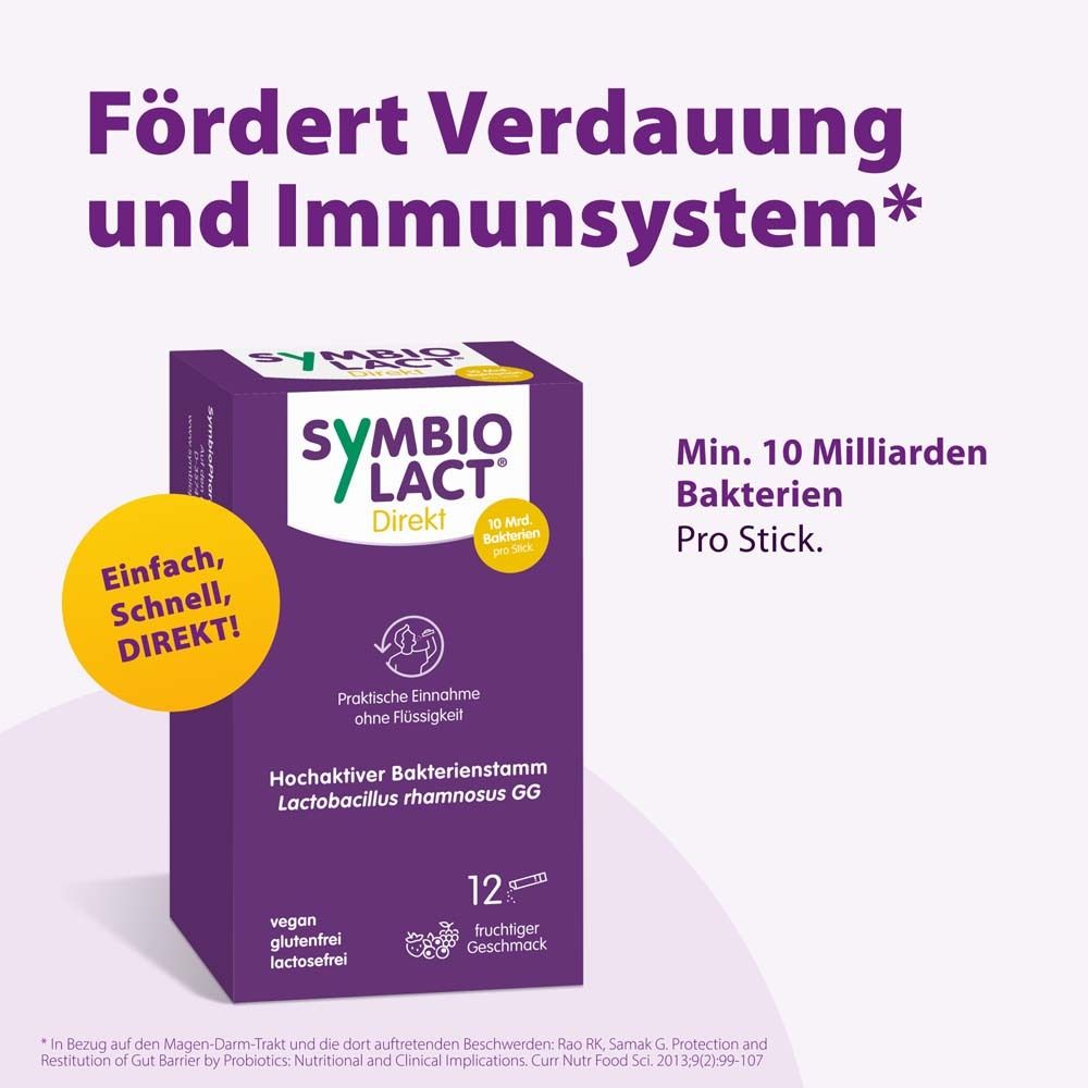 Lila Schachtel SymbioLact Direkt. Fördert Verdauung und Immunsystem. 10 Mrd. Bakterien pro Stick. 12 Sticks.