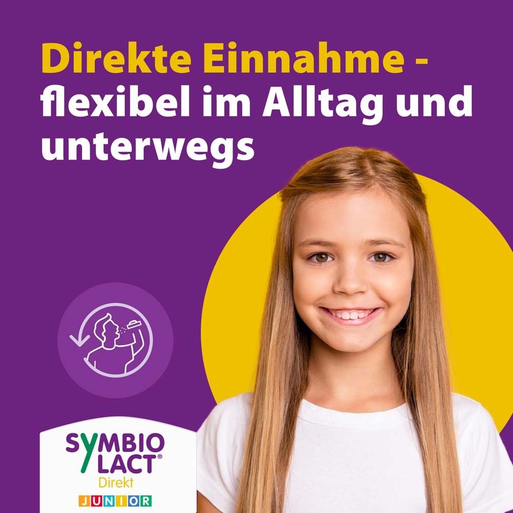 Mädchen lächelt. Gelber Hintergrund. Text: Direkte Einnahme - flexibel im Alltag und unterwegs. Logo: SymbioLact Direkt JUNIOR.