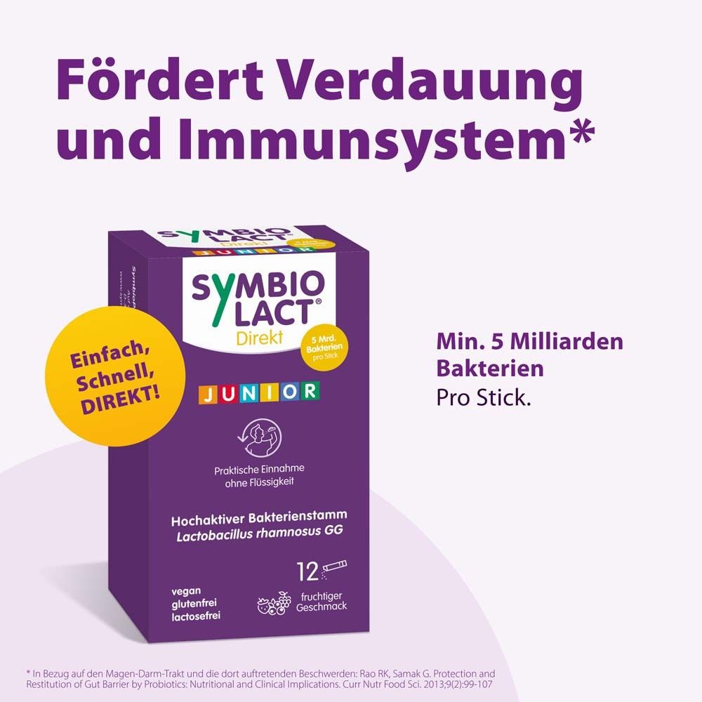 Lila Schachtel mit Produktinformationen. Fördert Verdauung und Immunsystem. Enthält 12 Sticks. Enthält Lactobacillus rhamnosus GG.