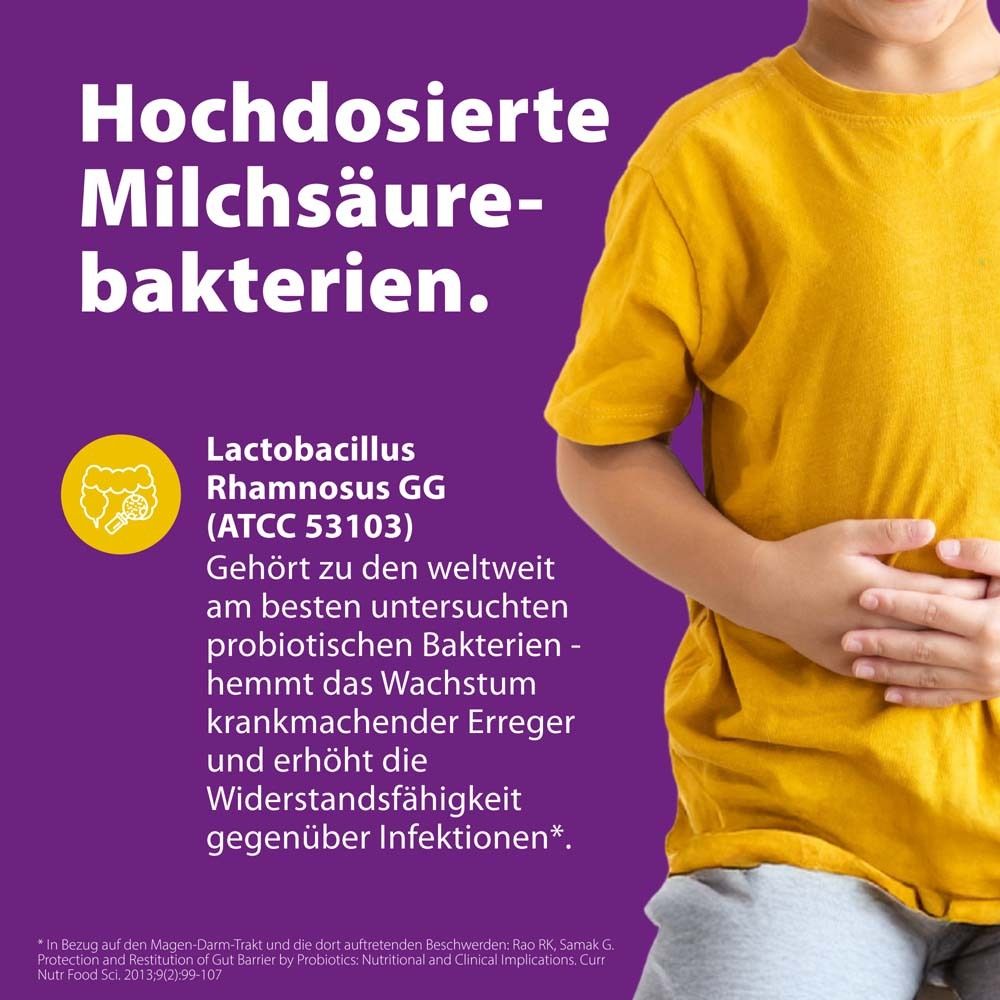 Junge hält sich den Bauch. Text: Hochdosierte Milchsäurebakterien. Enthält Lactobacillus rhamnosus GG. Gehört zu den weltweit am besten untersuchten Bakterien.