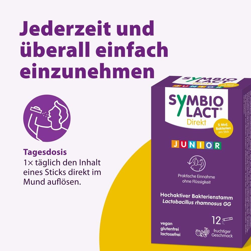 Lila Schachtel mit Produktinformationen. Jederzeit und überall einfach einzunehmen. Enthält 12 Sticks. Enthält Lactobacillus rhamnosus GG.