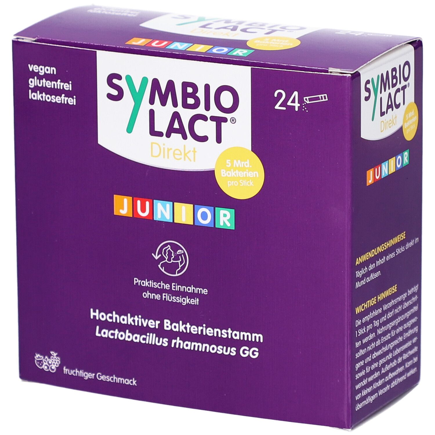 Lila Schachtel mit SYMBIOLACT Direkt Junior. Enthält 24 Sticks. Vegan, glutenfrei, laktosefrei. Fruchtiger Geschmack.