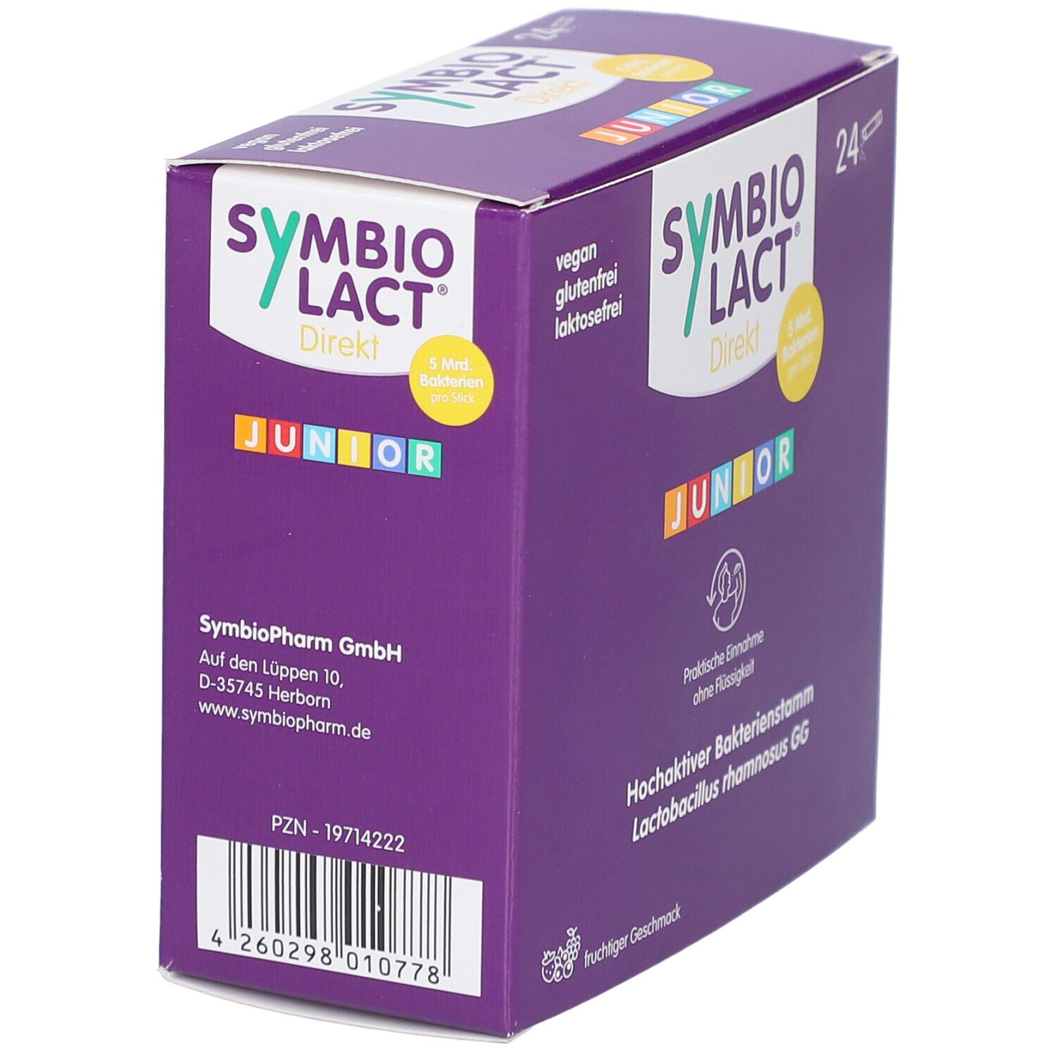 Lila Schachtel SYMBIOLACT Direkt Junior. Enthält 24 Sticks. Vegan, glutenfrei, laktosefrei. Barcode und Firmenadresse.