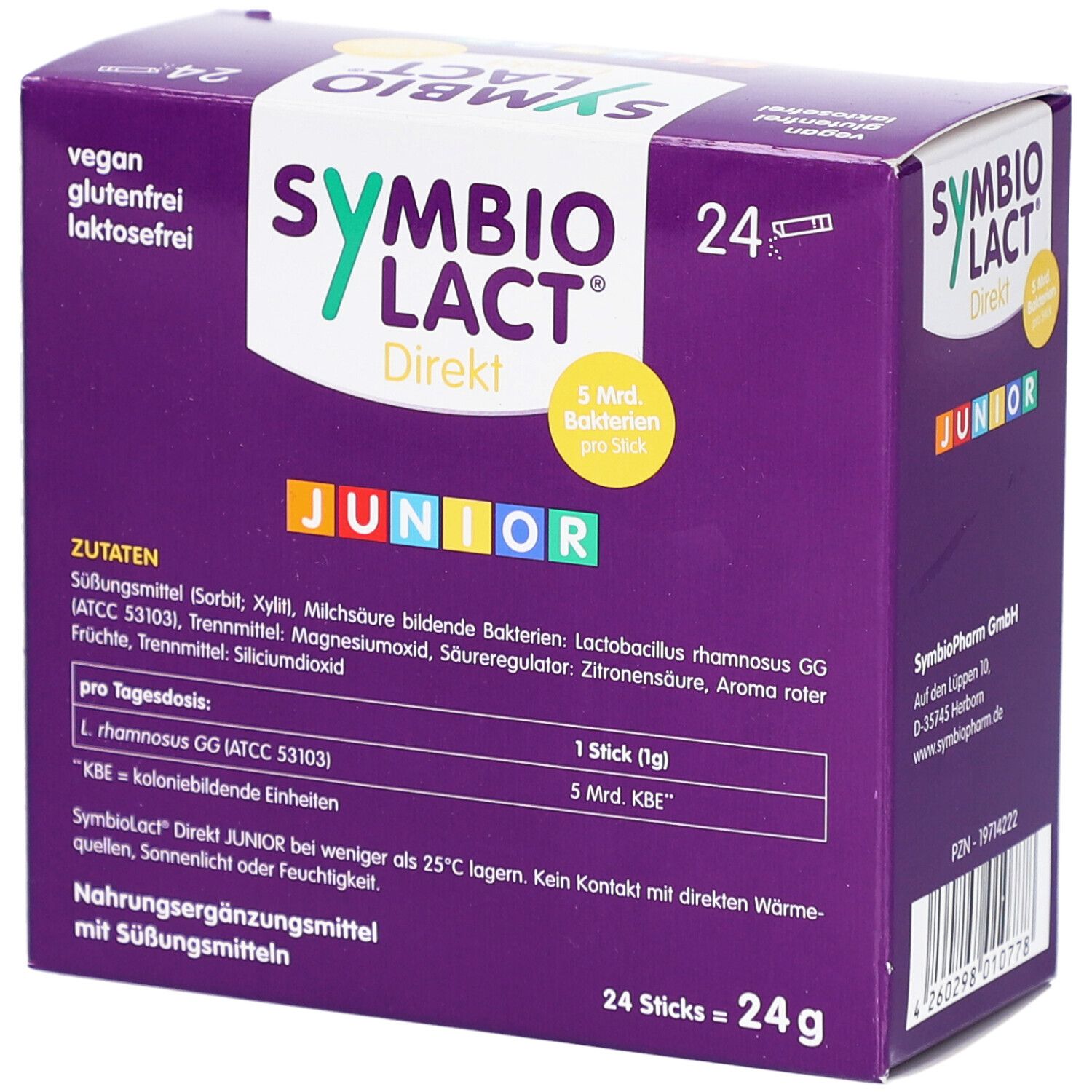 Lila Schachtel SYMBIOLACT Direkt Junior. Enthält 24 Sticks. Zutatenliste und Nährwertangaben. Vegan, glutenfrei, laktosefrei.
