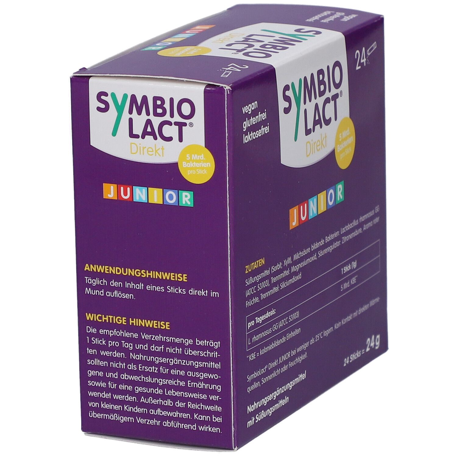 Lila Schachtel SYMBIOLACT Direkt Junior. Enthält 24 Sticks. Anwendungshinweise und wichtige Hinweise. Vegan, glutenfrei, laktosefrei.