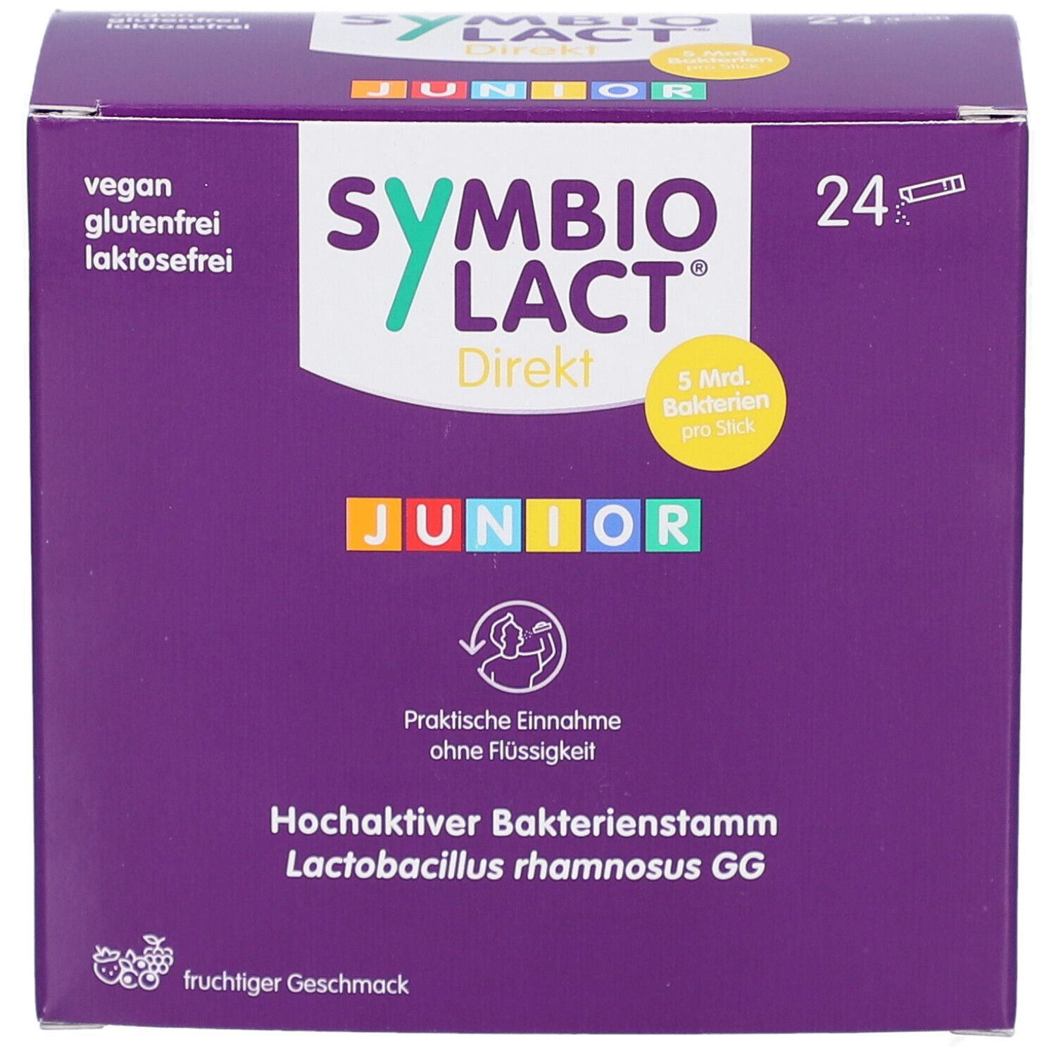 Lila Schachtel SYMBIOLACT Direkt Junior. Enthält 24 Sticks. Vegan, glutenfrei, laktosefrei. Fruchtiger Geschmack. Praktische Einnahme.