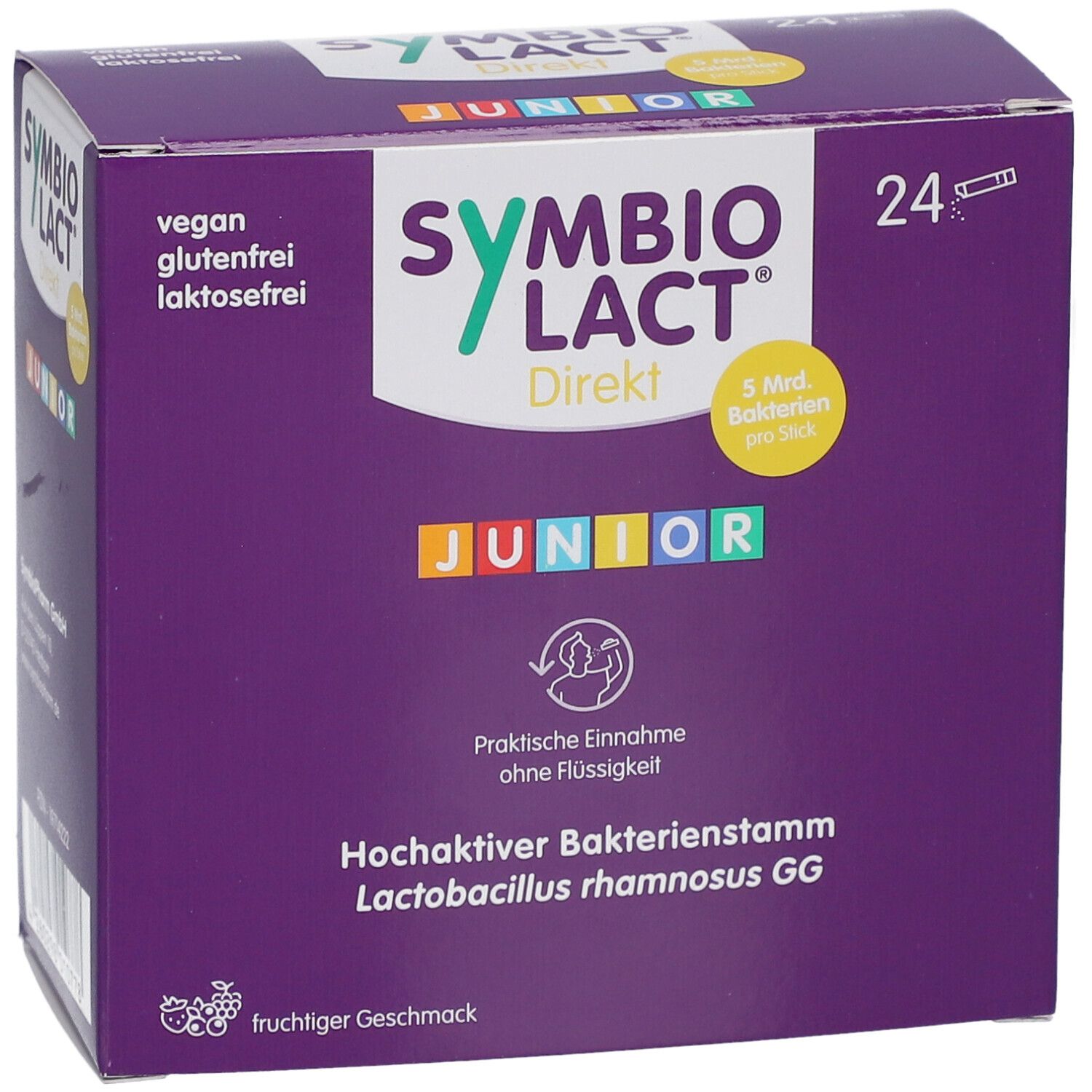 Lila Schachtel SYMBIOLACT Direkt Junior. Enthält 24 Sticks. Vegan, glutenfrei, laktosefrei. Fruchtiger Geschmack. Praktische Einnahme.