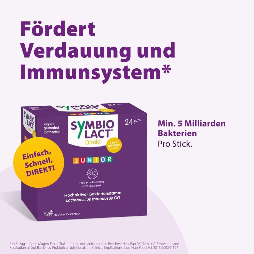 Schachtel SymbioLact Direkt JUNIOR. Text: Fördert Verdauung und Immunsystem. 24 Sticks. 5 Mrd. Bakterien pro Stick.
