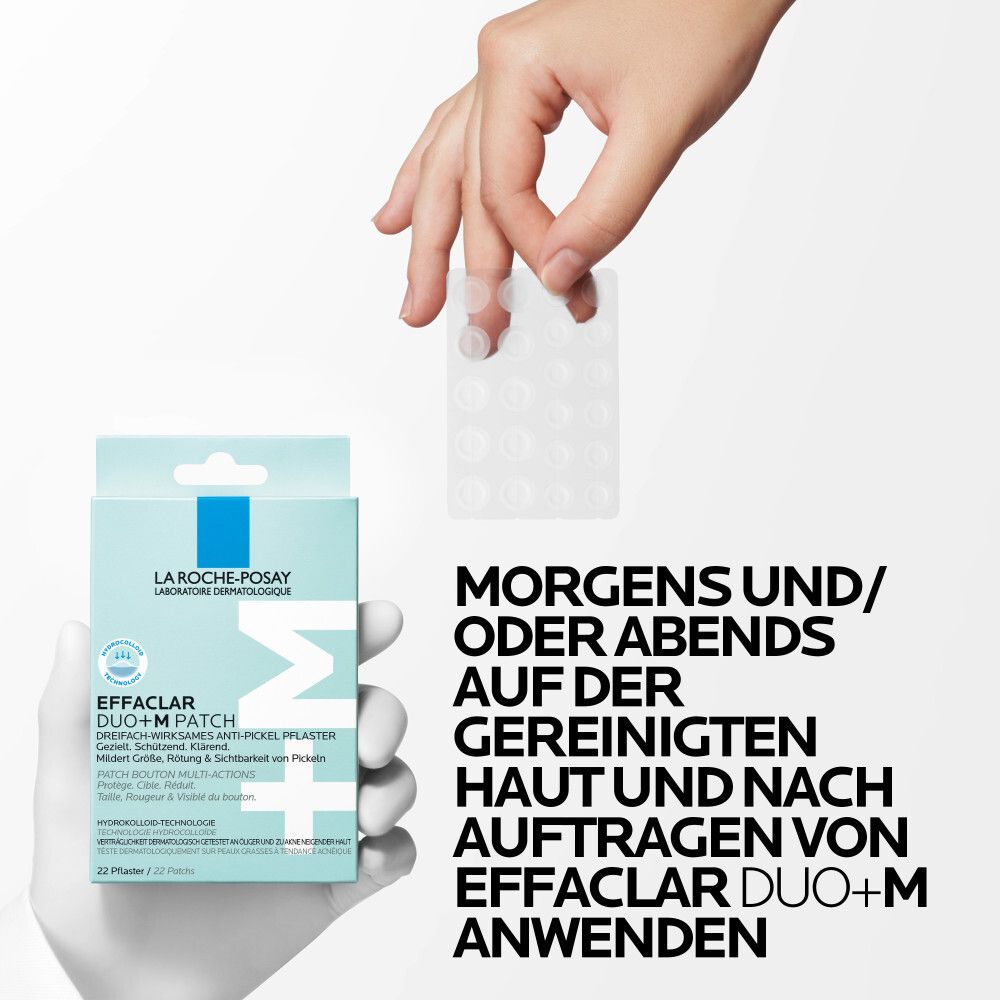 La Roche-Posay Effaclar DUO+M Patch und Packung. Anwendung morgens und abends auf gereinigter Haut.