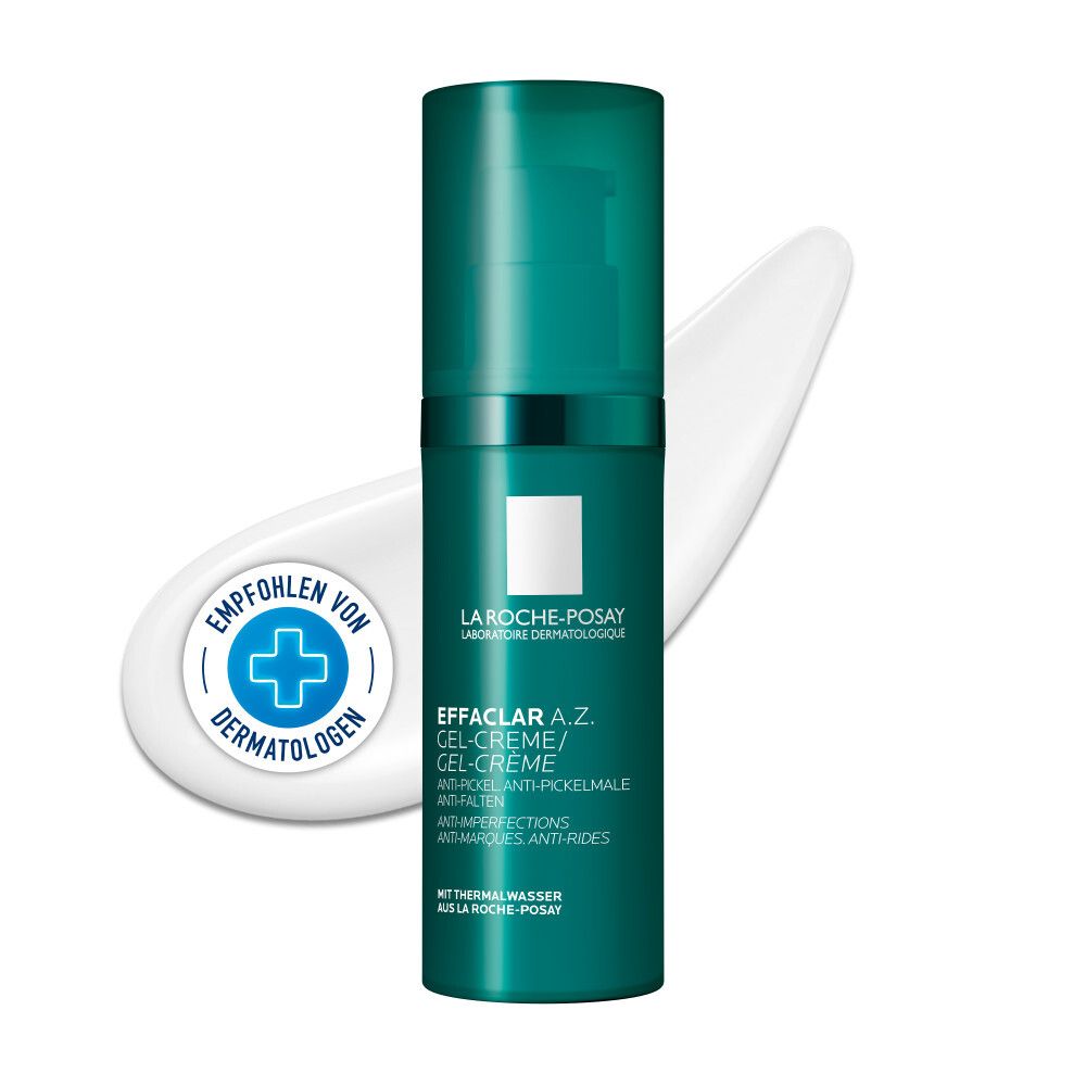 Grüne Flasche La Roche-Posay Effaclar A.Z. Gel-Creme mit weißem Klecks. Empfohlen von Dermatologen.