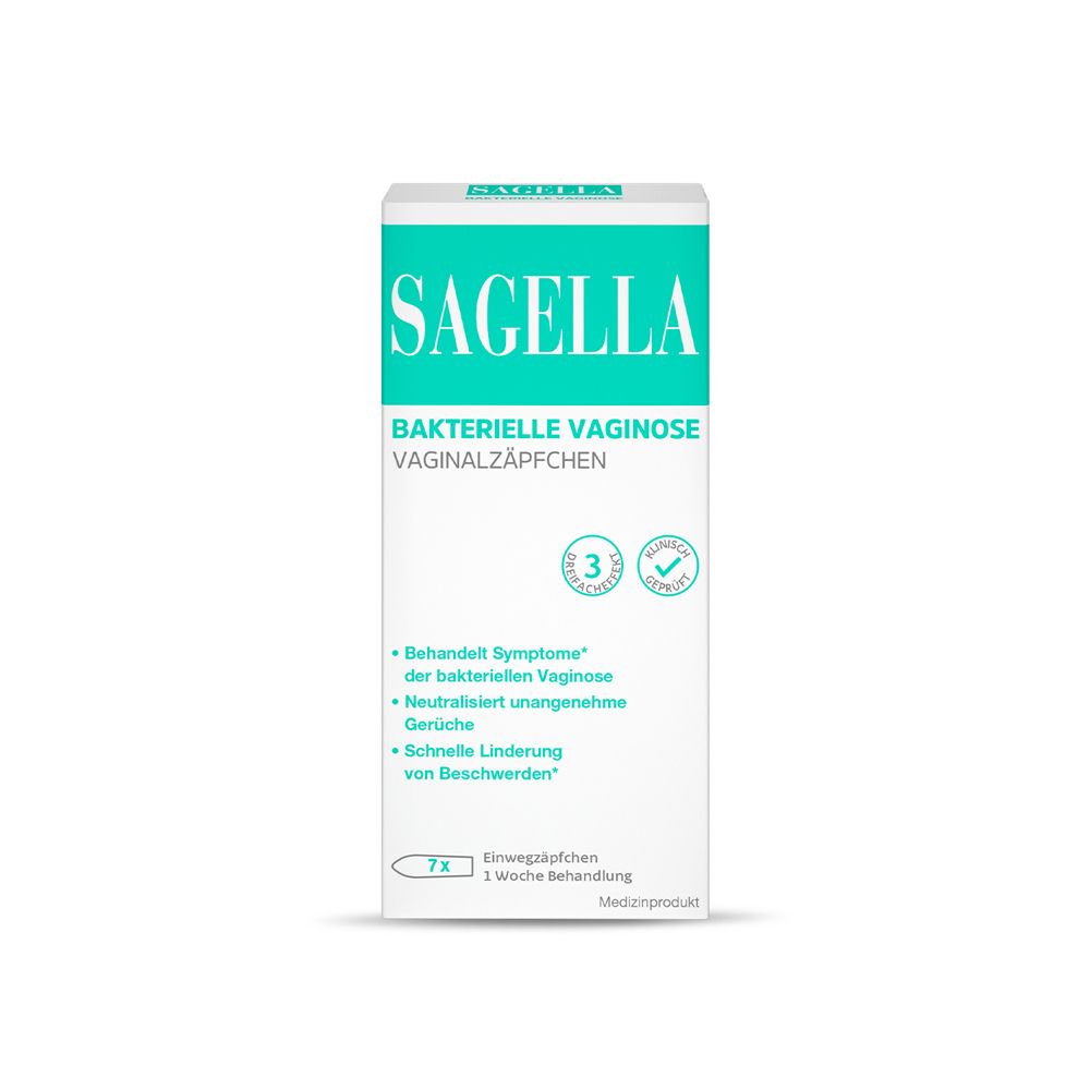 Weiße Schachtel mit Sagella-Logo und Produktbezeichnung. Enthält 7 Vaginalzäpfchen. Klinisch geprüft.