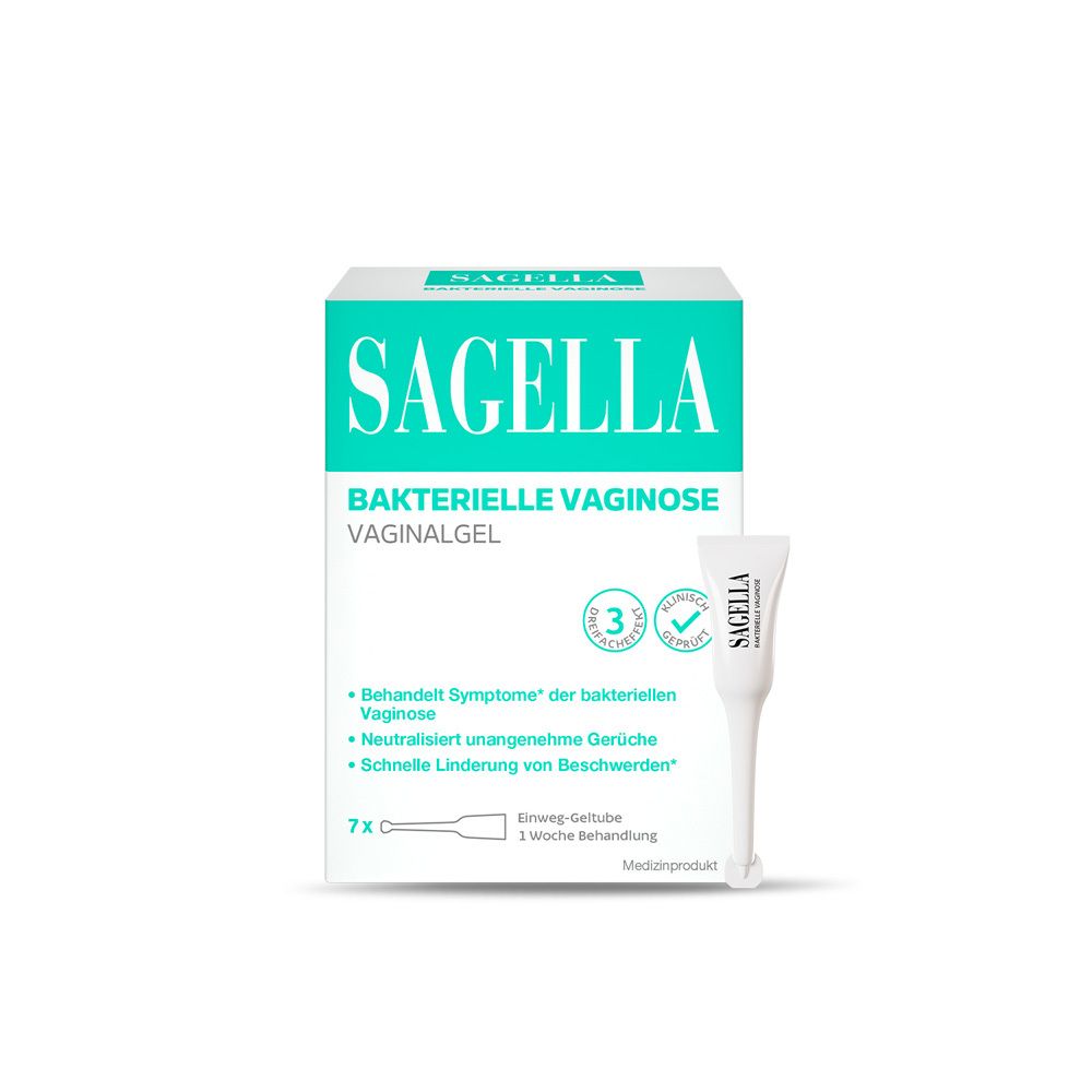 Schachtel mit Sagella Vaginalgel. Enthält 7 Einweg-Tuben. Aufschrift: Bakterielle Vaginose Vaginalgel.