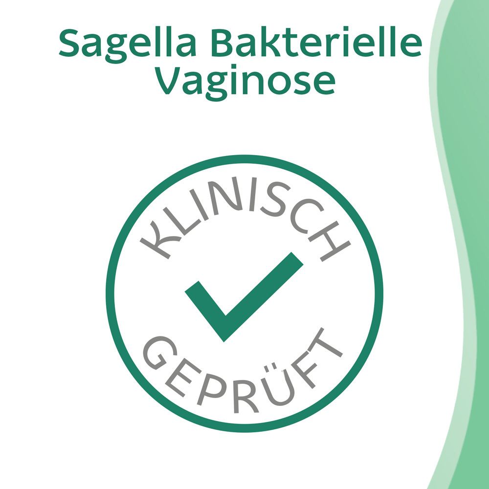 Rundes Logo: Klinisch geprüft. Grüner Haken in einem Kreis. Text: Sagella Bakterielle Vaginose.