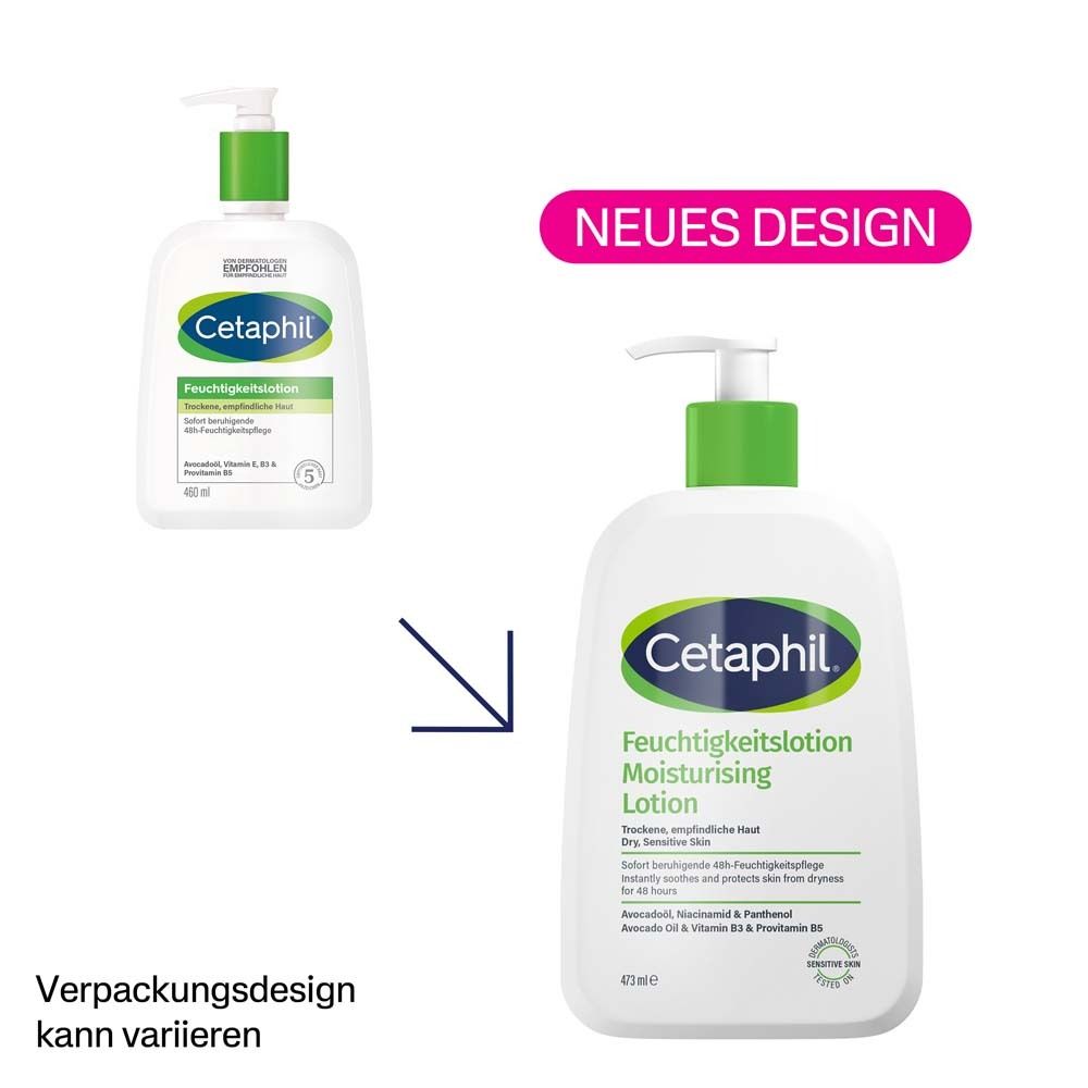 Vergleich von Cetaphil Feuchtigkeitslotion Flaschen. Neues Design, Verpackungsdesign kann variieren.