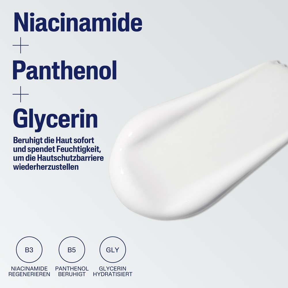Nahaufnahme von Creme. Text: Niacinamid, Panthenol, Glycerin. Beruhigt die Haut sofort.
