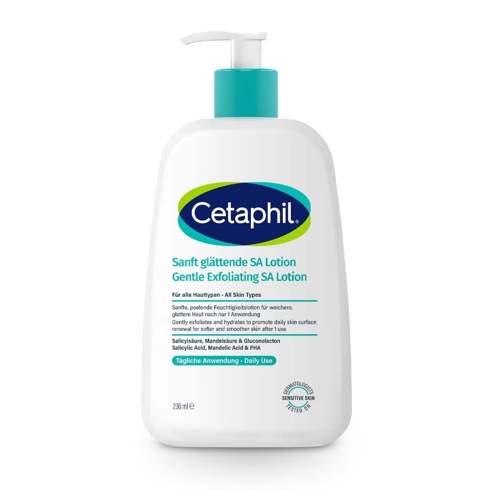Cetaphil® SA Lotion. Weiße Flasche mit blau-grünem Pumpkopf. Text: Sanft glättende SA Lotion. Dermatologisch getestet.