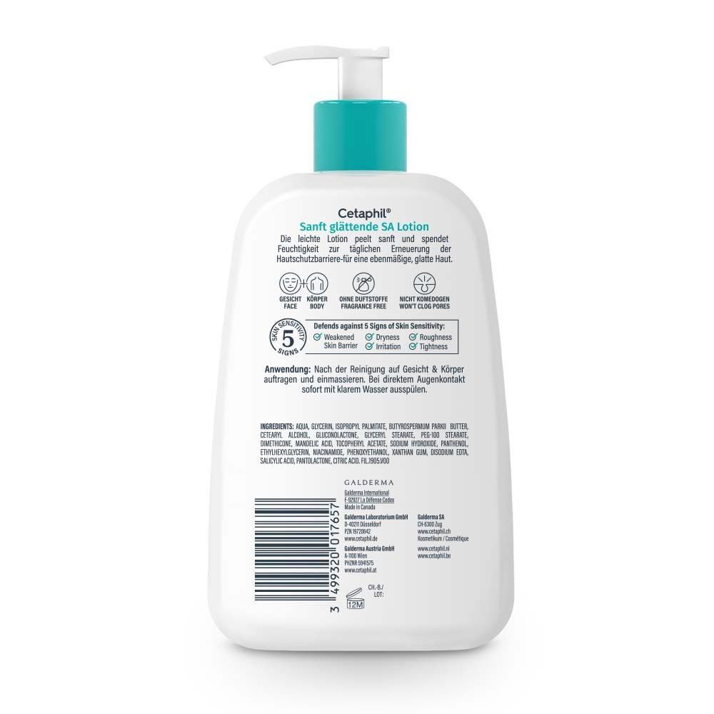 Rückseite der Cetaphil® SA Lotion Flasche. Text: Inhaltsstoffe, Anwendungshinweise. Dermatologisch getestet. Barcode.