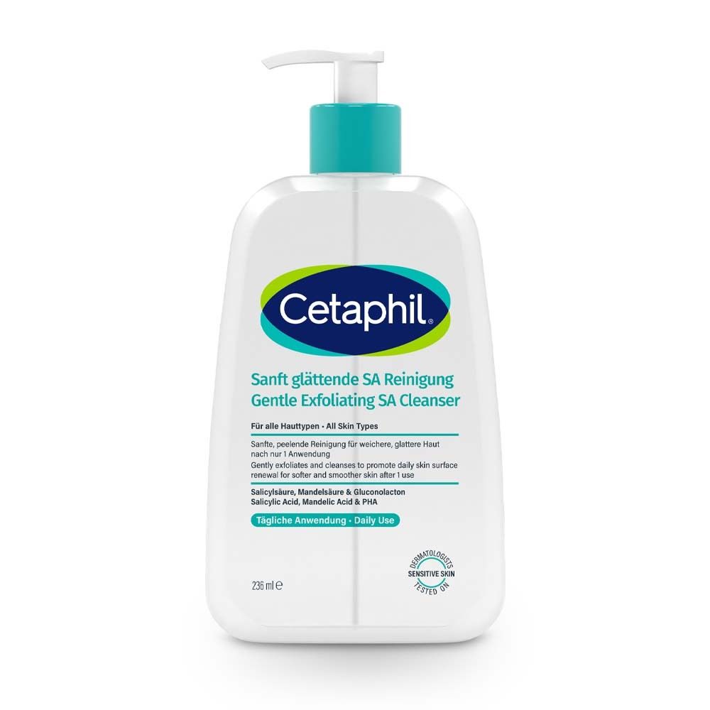 Cetaphil® Sanft glättende SA Reinigung. Weiße Flasche mit Pumpe, türkisfarbener Deckel. Text.