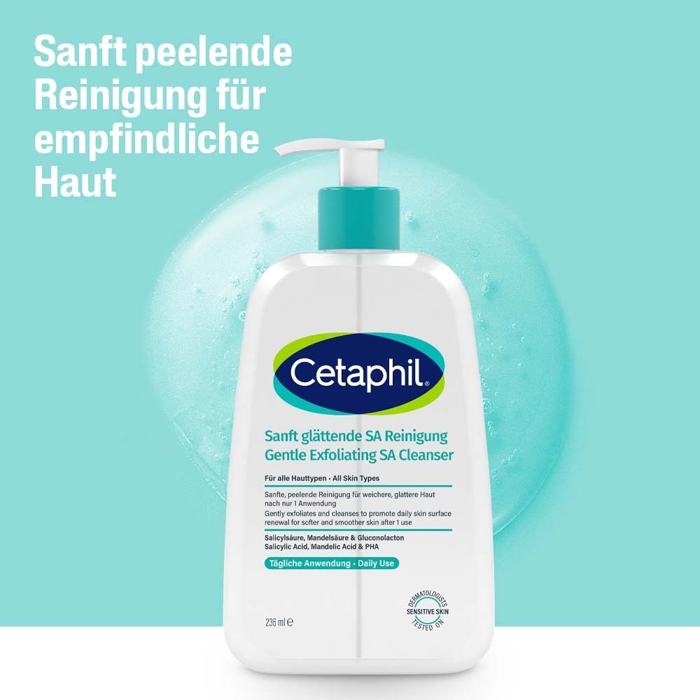 Cetaphil®-Flasche. Text: Sanft peelende Reinigung für empfindliche Haut. Blasen im Hintergrund.