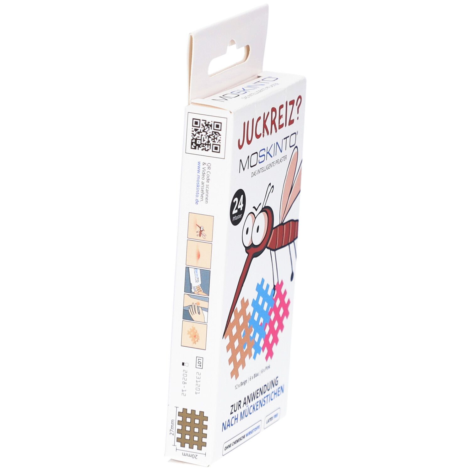 MOSKINTO® Mückenpflaster-Verpackung, Seitenansicht. Zeigt Illustrationen zur Anwendung. Enthält 24 Pflaster.