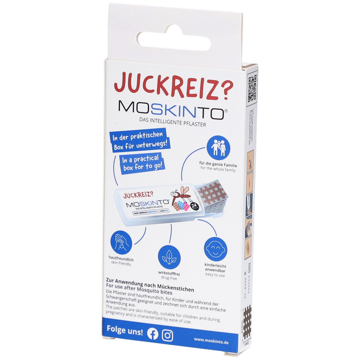Rückseite der MOSKINTO® Mückenpflaster-Verpackung. Zeigt Informationen zur Anwendung und Vorteile. Für die ganze Familie.