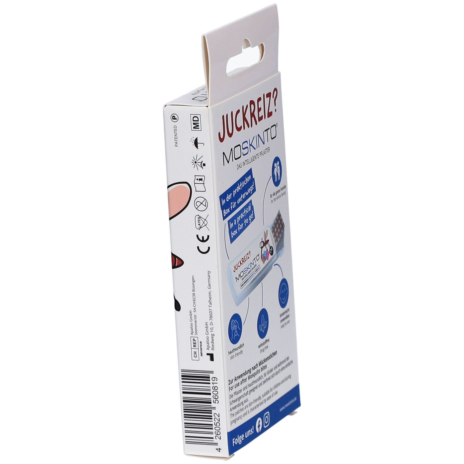 Seitenansicht der MOSKINTO® Mückenpflaster-Verpackung. Zeigt Informationen und Logos. Enthält 24 Pflaster.