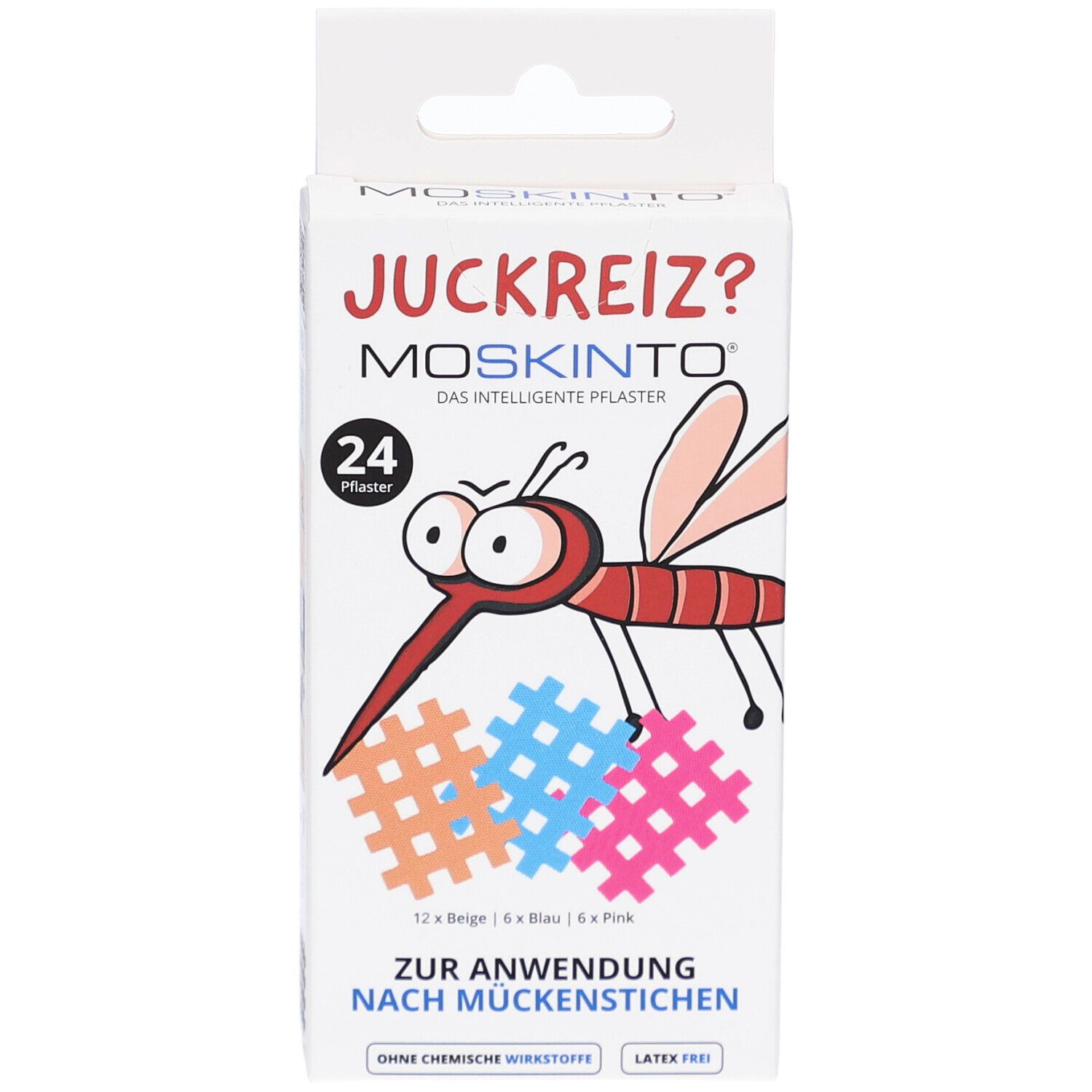 MOSKINTO® Mückenpflaster-Verpackung. Enthält 24 Pflaster. Cartoon-Mücke und Text. Farben: Beige, Blau, Pink.
