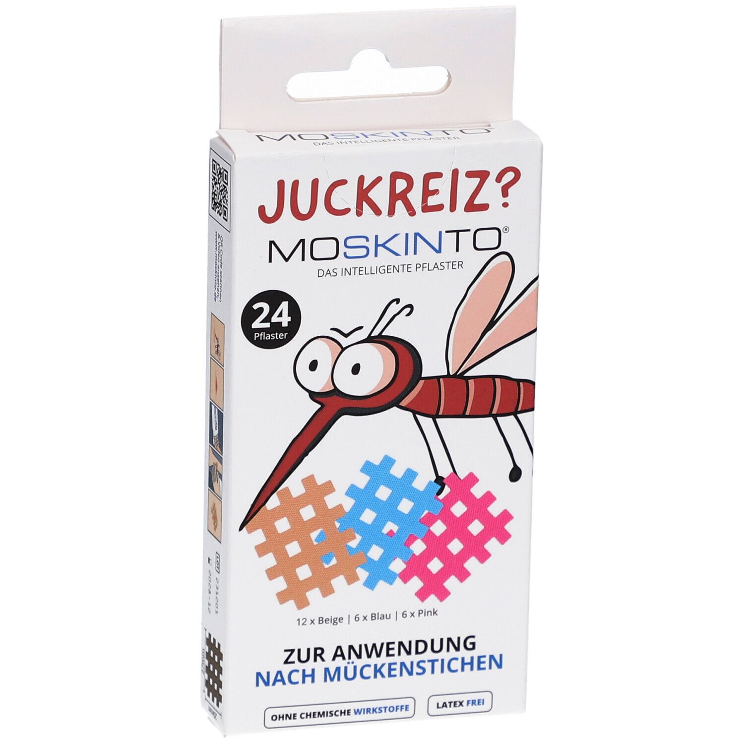 MOSKINTO® Mückenpflaster-Verpackung. Enthält 24 Pflaster. Cartoon-Mücke und Text. Farben: Beige, Blau, Pink.