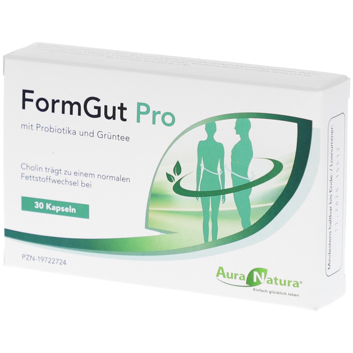 Weiße Schachtel mit Produktnamen FormGut Pro. Enthält 30 Kapseln. Logo Aura Natura. Abbildung von zwei Personen.